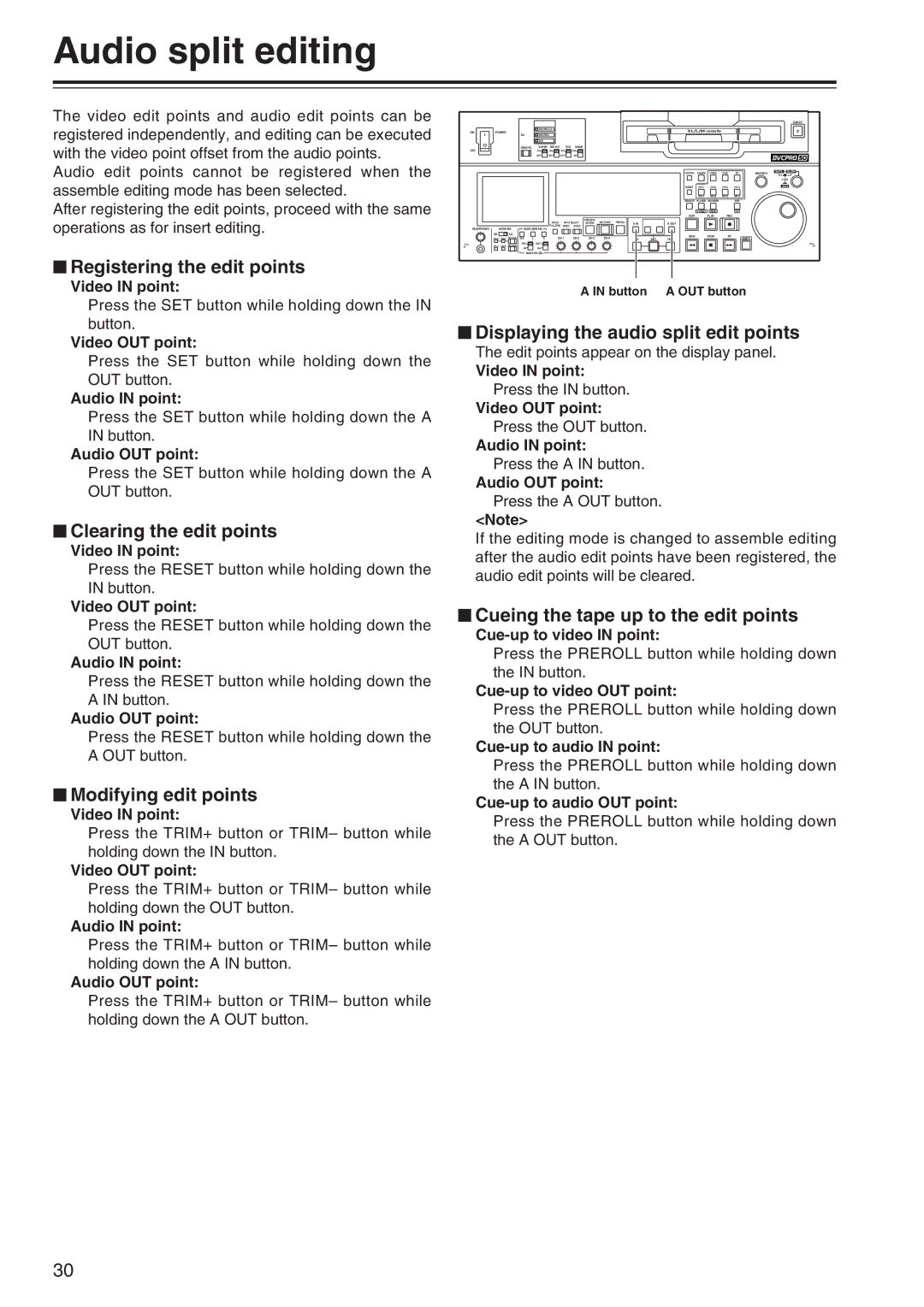 Panasonic AJ-SD965 manual Audio split editing 