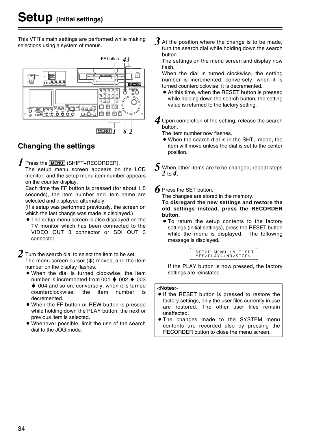 Panasonic AJ-SD965 manual Changing the settings, Setup initial settings 