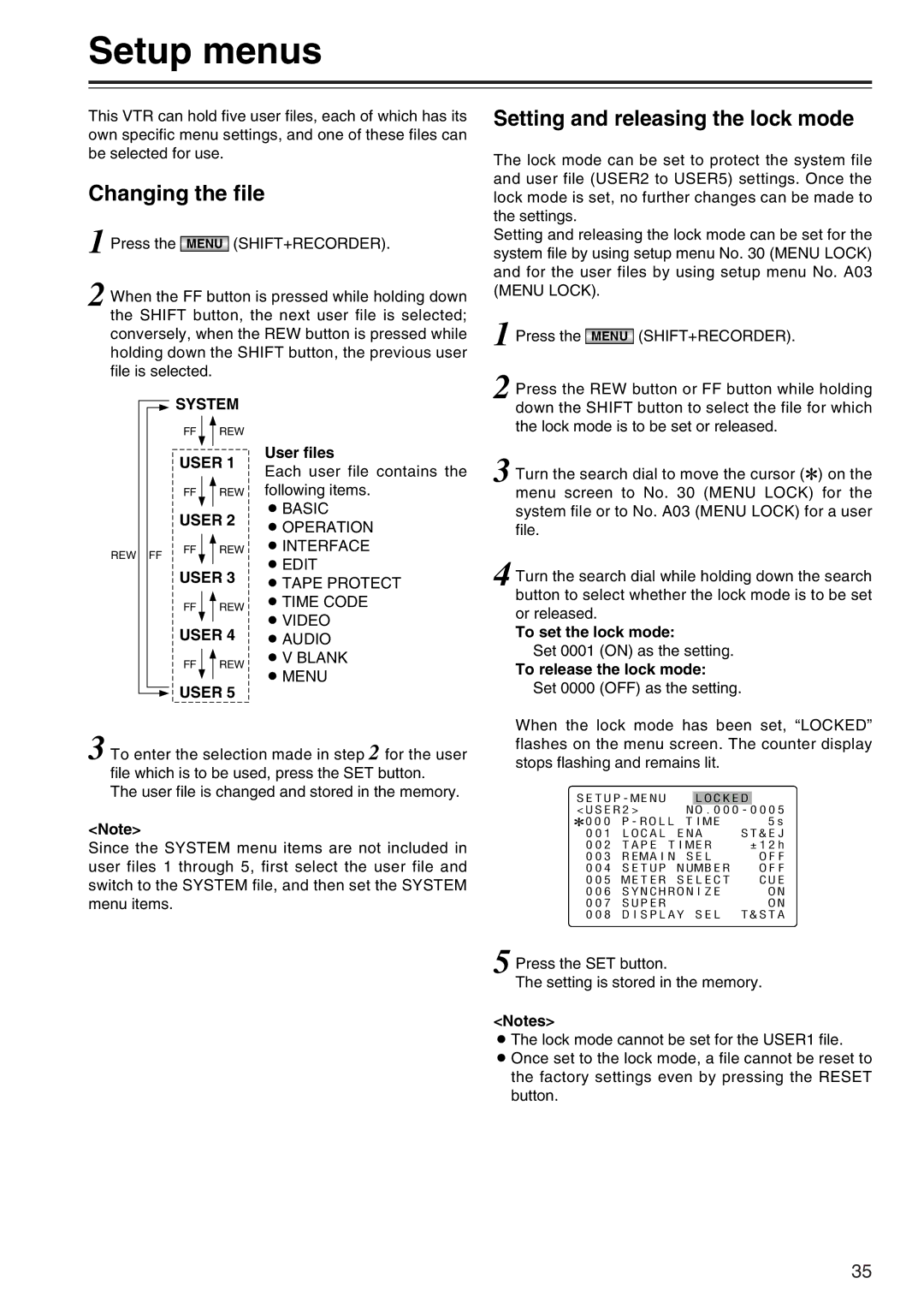 Panasonic AJ-SD965 manual Setup menus, Changing the file, Setting and releasing the lock mode, System, User 