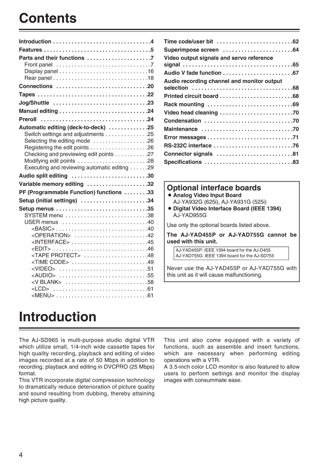 Panasonic AJ-SD965 manual Contents, Introduction 