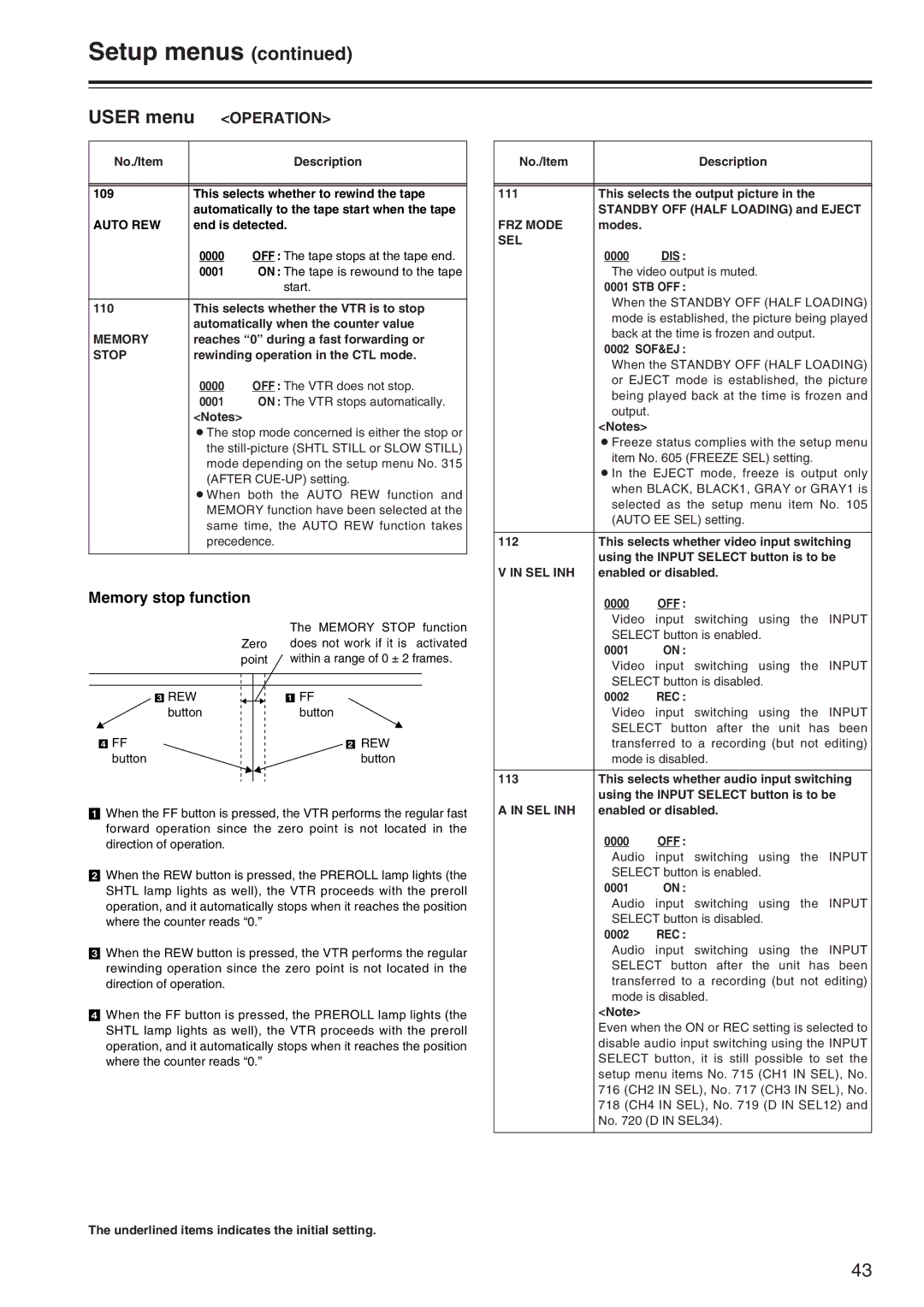 Panasonic AJ-SD965 manual Memory stop function 