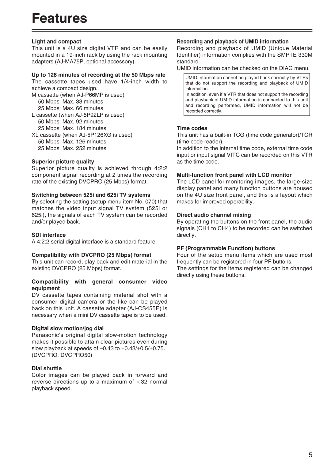 Panasonic AJ-SD965 manual Features 