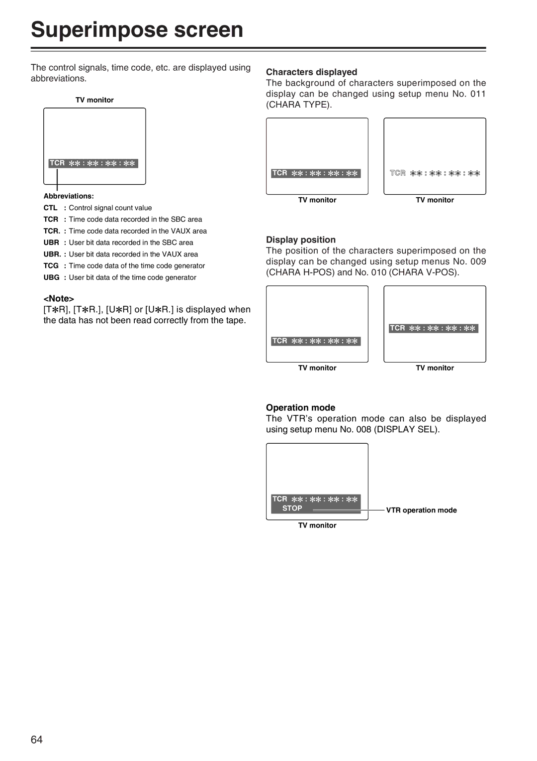 Panasonic AJ-SD965 manual Superimpose screen, Characters displayed, Display position, Operation mode 