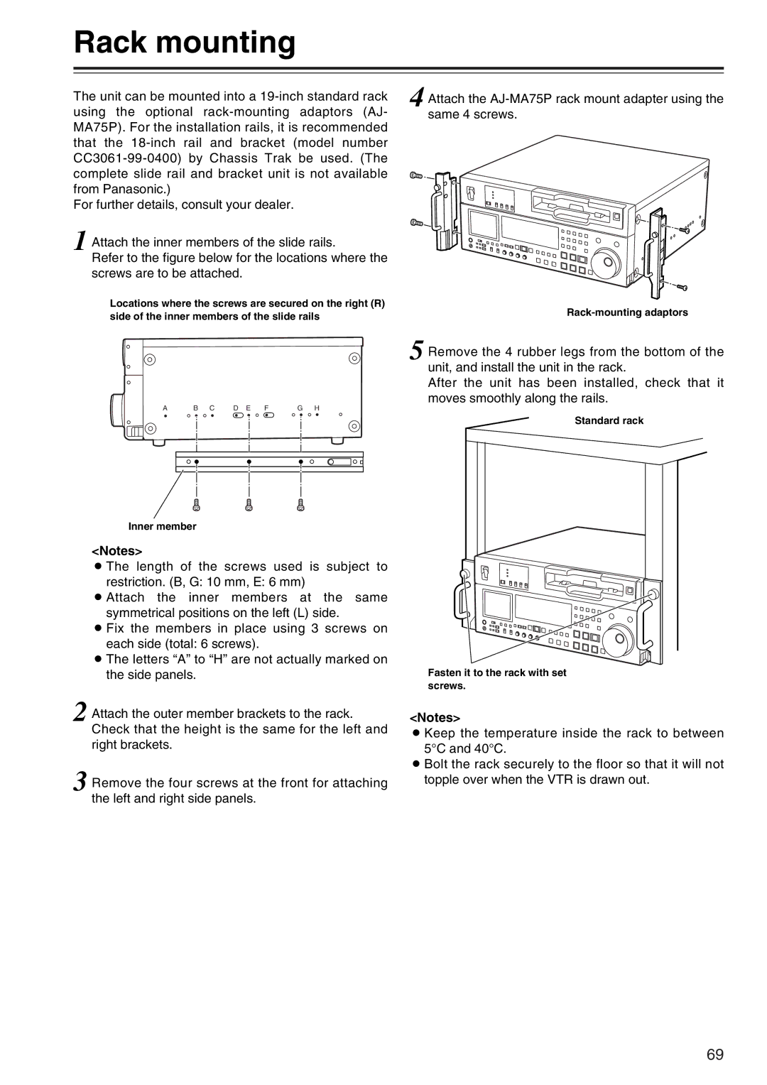 Panasonic AJ-SD965 manual Rack mounting, Rack-mounting adaptors, Inner member 