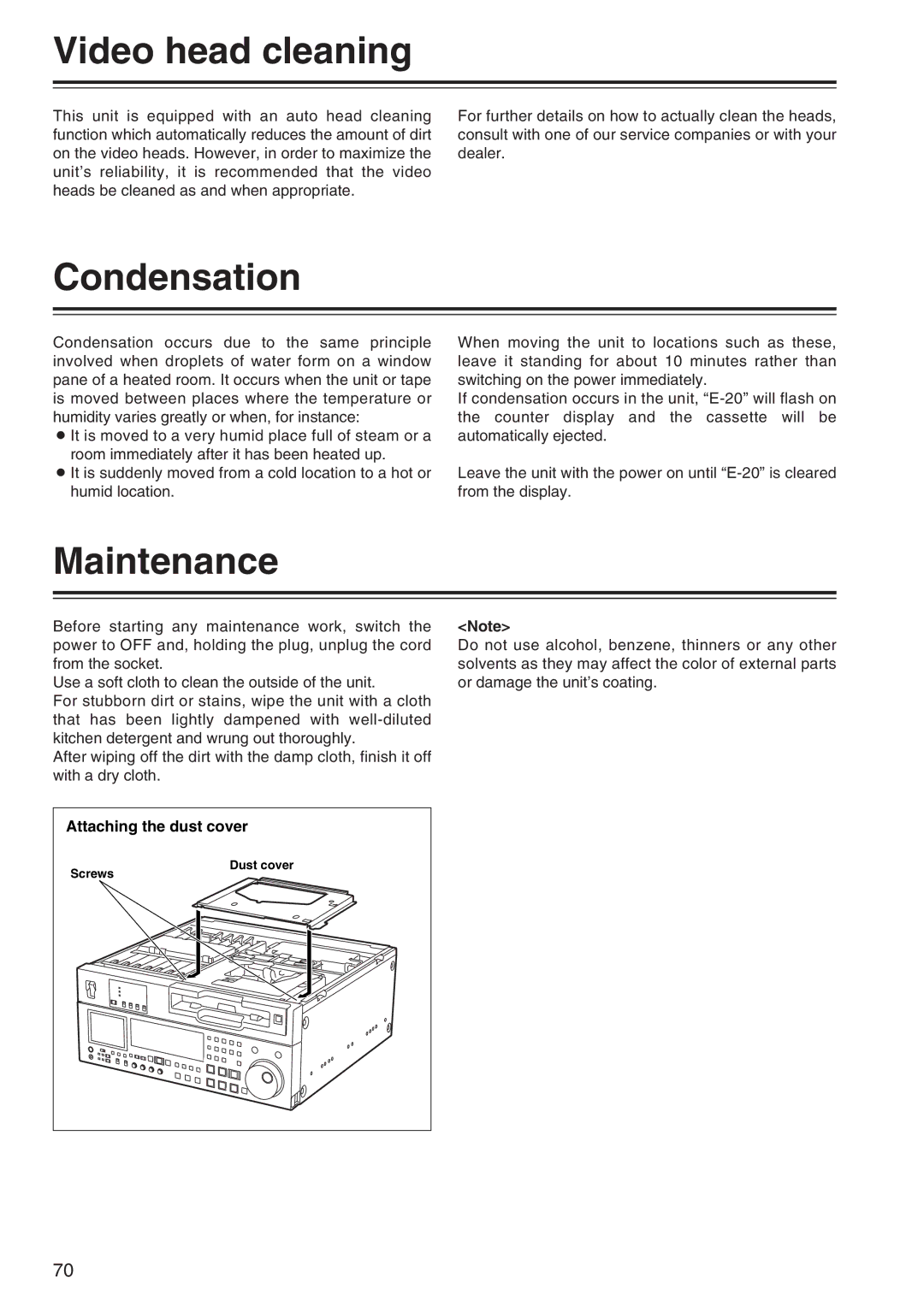 Panasonic AJ-SD965 manual Video head cleaning, Condensation, Maintenance, Attaching the dust cover, Screws 