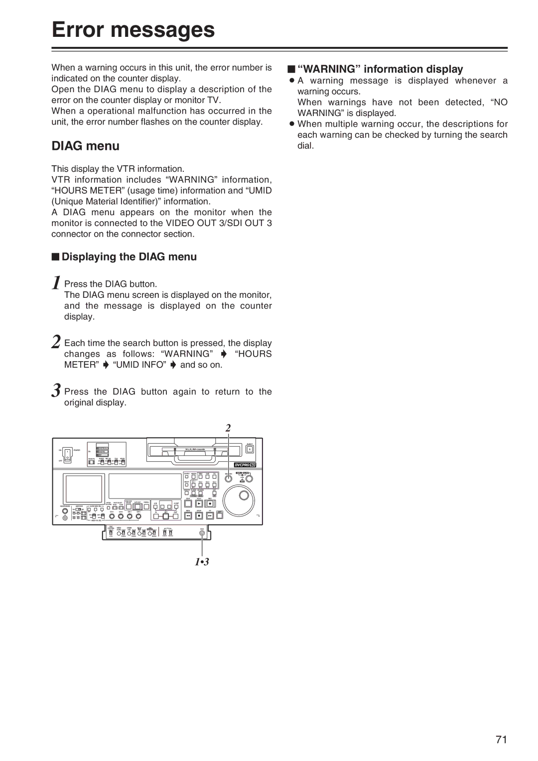 Panasonic AJ-SD965 manual Error messages, $ Displaying the Diag menu, $ Warning information display 