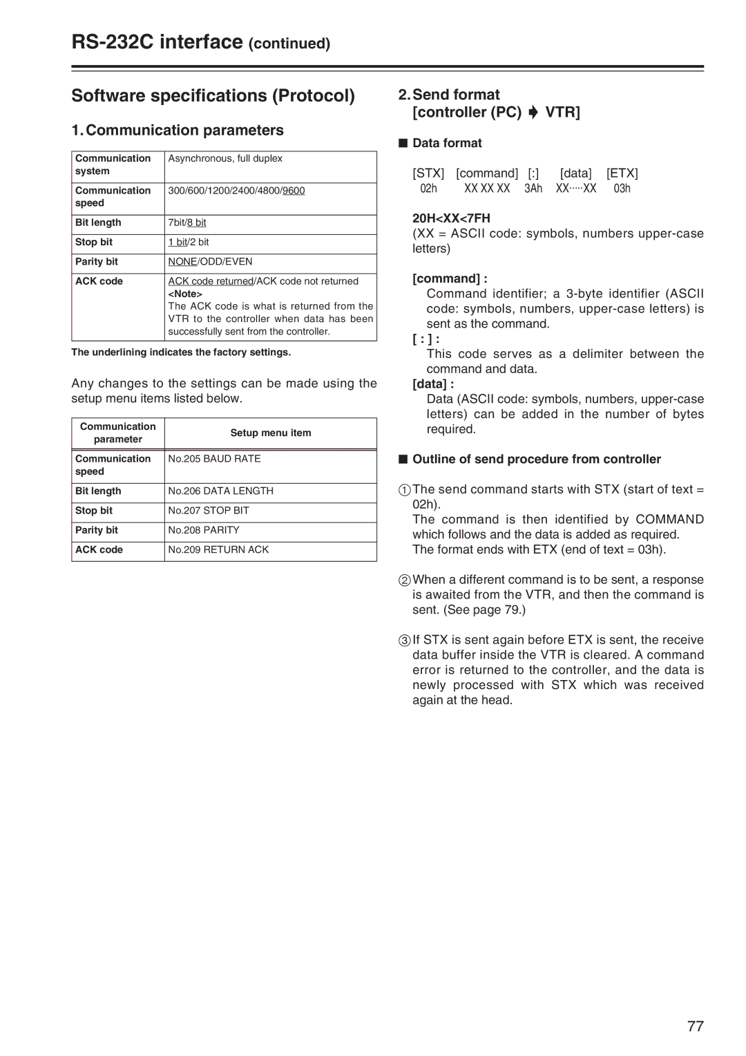 Panasonic AJ-SD965 manual RS-232C interface, Software specifications Protocol, Communication parameters 