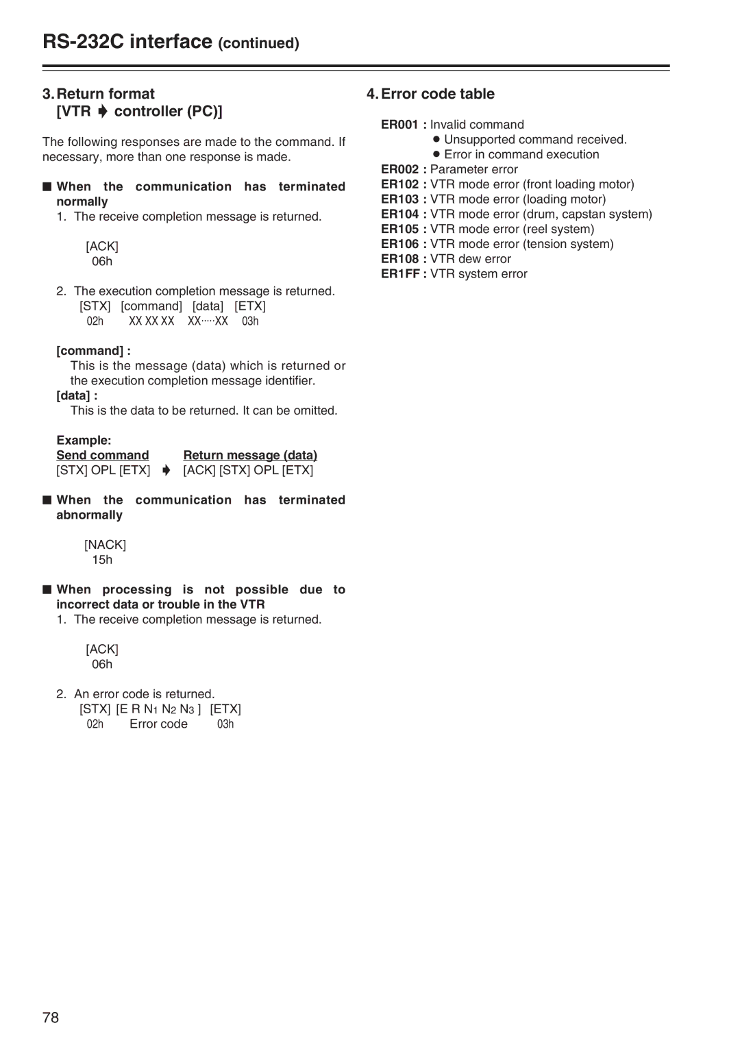 Panasonic AJ-SD965 Return format VTR 5 controller PC, Error code table, $ When the communication has terminated normally 