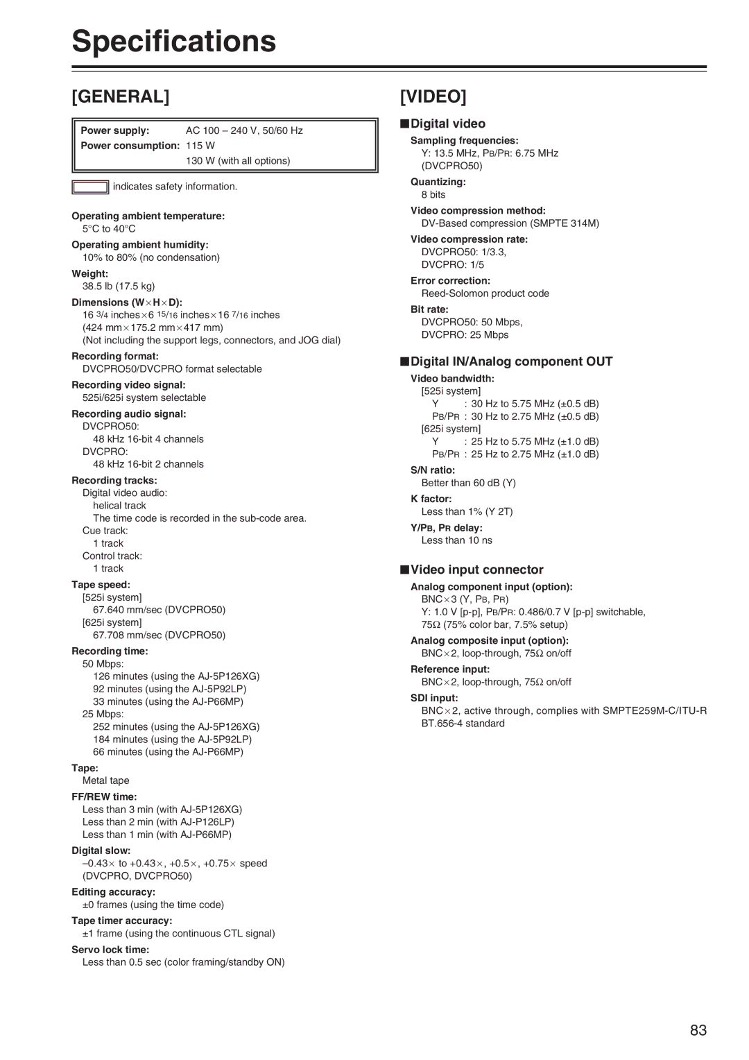 Panasonic AJ-SD965 manual Specifications, $Digital video, $Digital IN/Analog component OUT, $Video input connector 