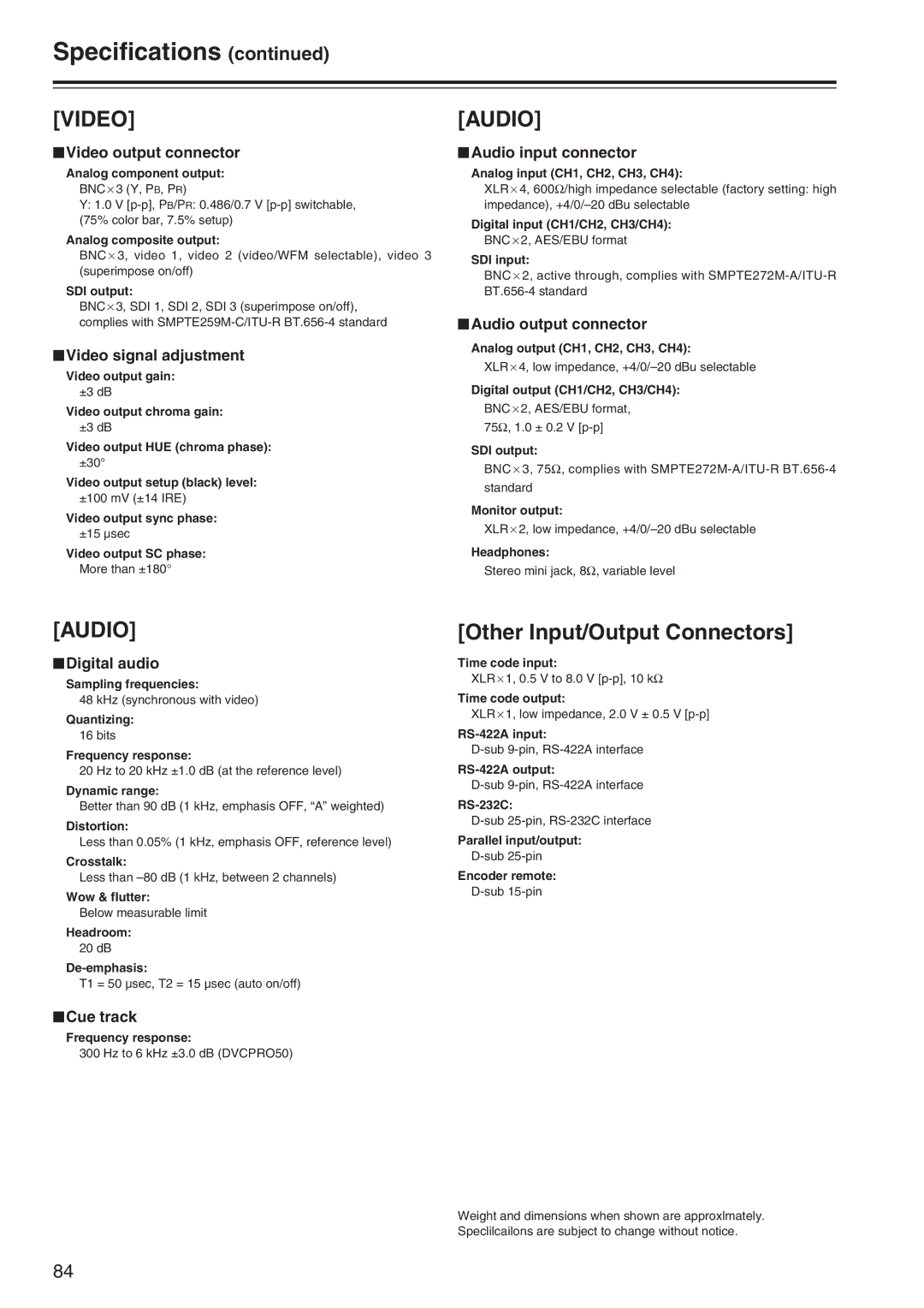 Panasonic AJ-SD965 manual Specifications, Other Input/Output Connectors 