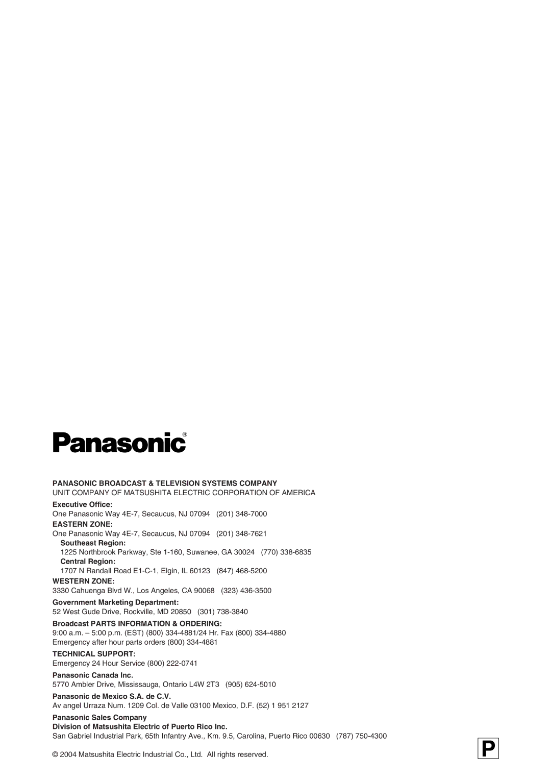 Panasonic AJ-SD965 manual Panasonic Broadcast & Television Systems Company, Eastern Zone, Western Zone, Technical Support 