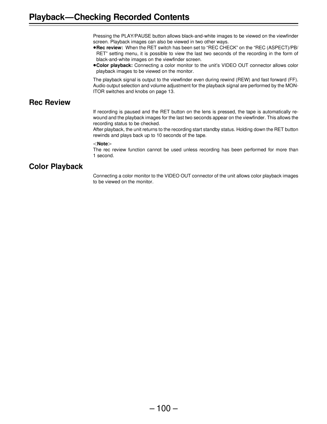 Panasonic AJ-SDC915 operating instructions Playback-Checking Recorded Contents 