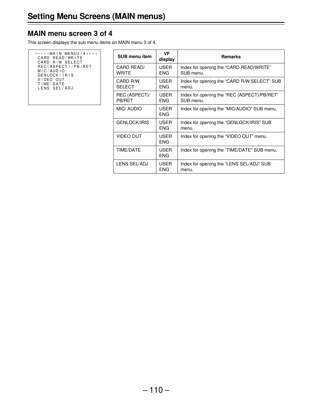 Panasonic AJ-SDC915 operating instructions Main menu screen 3 