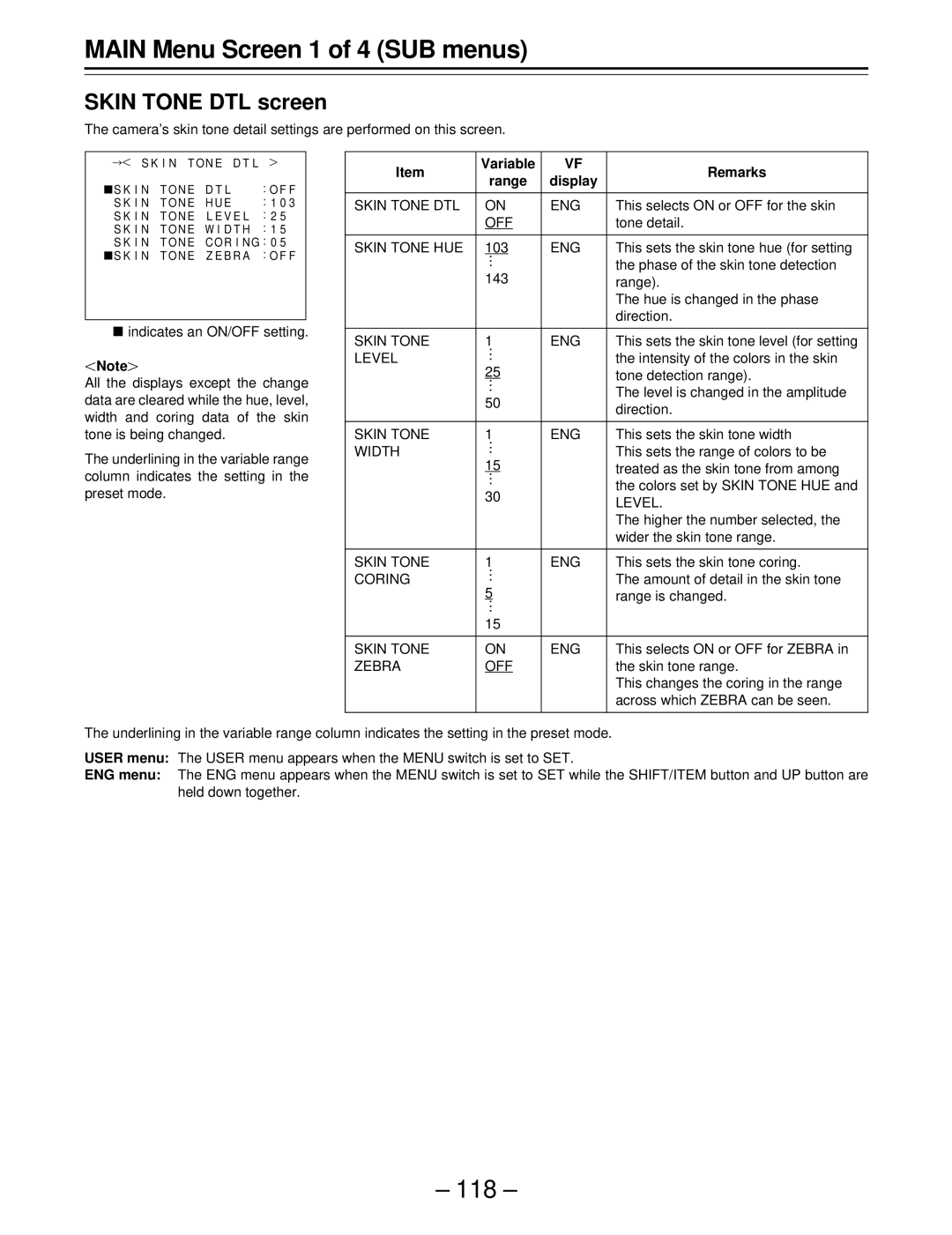 Panasonic AJ-SDC915 operating instructions Skin Tone DTL screen, Variable Remarks Range Display 