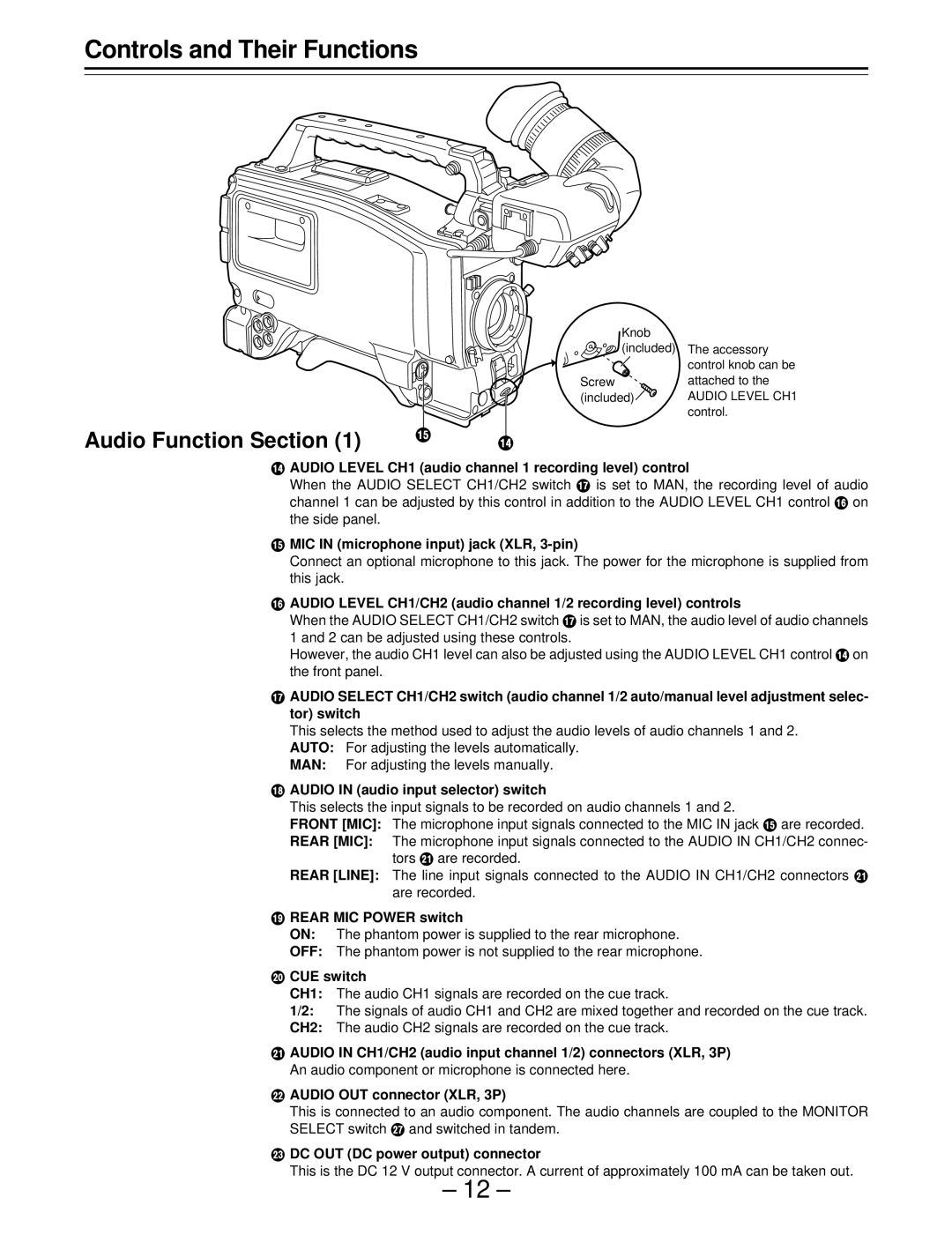 Panasonic AJ-SDC915 operating instructions Audio Function Section 