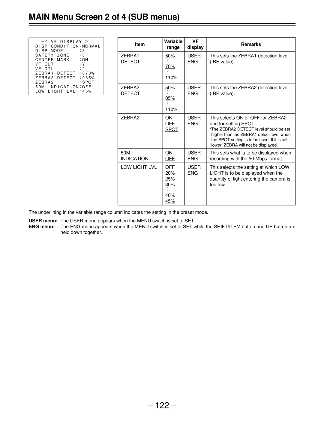 Panasonic AJ-SDC915 operating instructions Variable Remarks, Range Display 