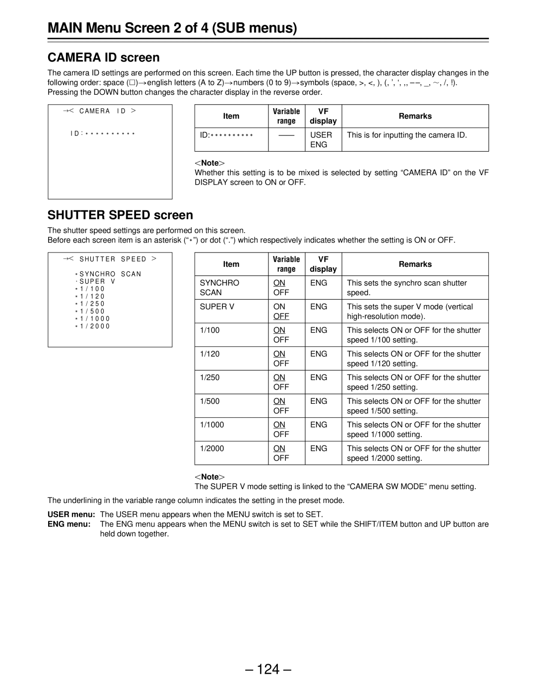 Panasonic AJ-SDC915 operating instructions Camera ID screen, Shutter Speed screen, Synchro ENG, Scan OFF, Super ENG 