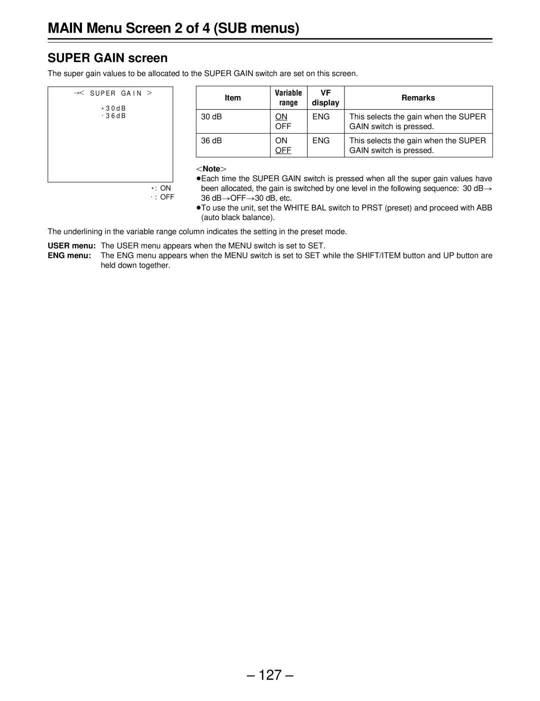 Panasonic AJ-SDC915 Super Gain screen, This selects the gain when the Super, Gain switch is pressed, 36 dB 