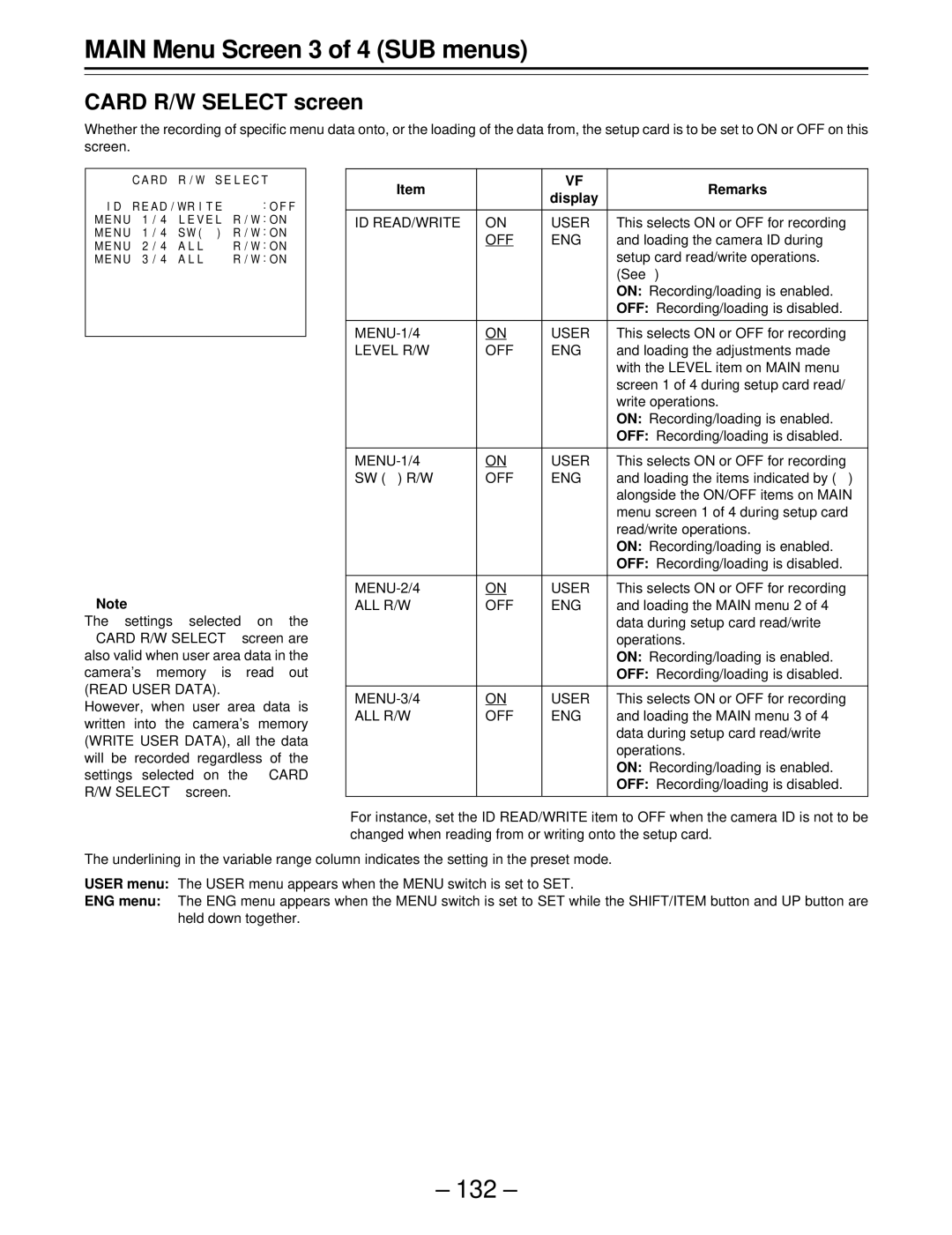 Panasonic AJ-SDC915 operating instructions Card R/W Select screen, ID READ/WRITE User, Level R/W OFF ENG, All R/W Off Eng 