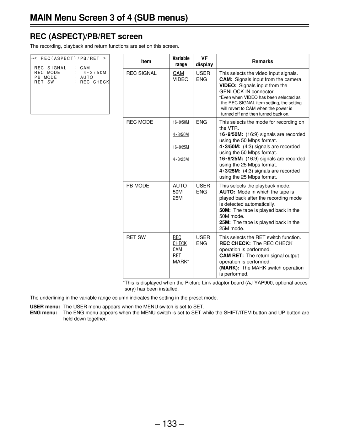 Panasonic AJ-SDC915 operating instructions REC ASPECT/PB/RET screen 