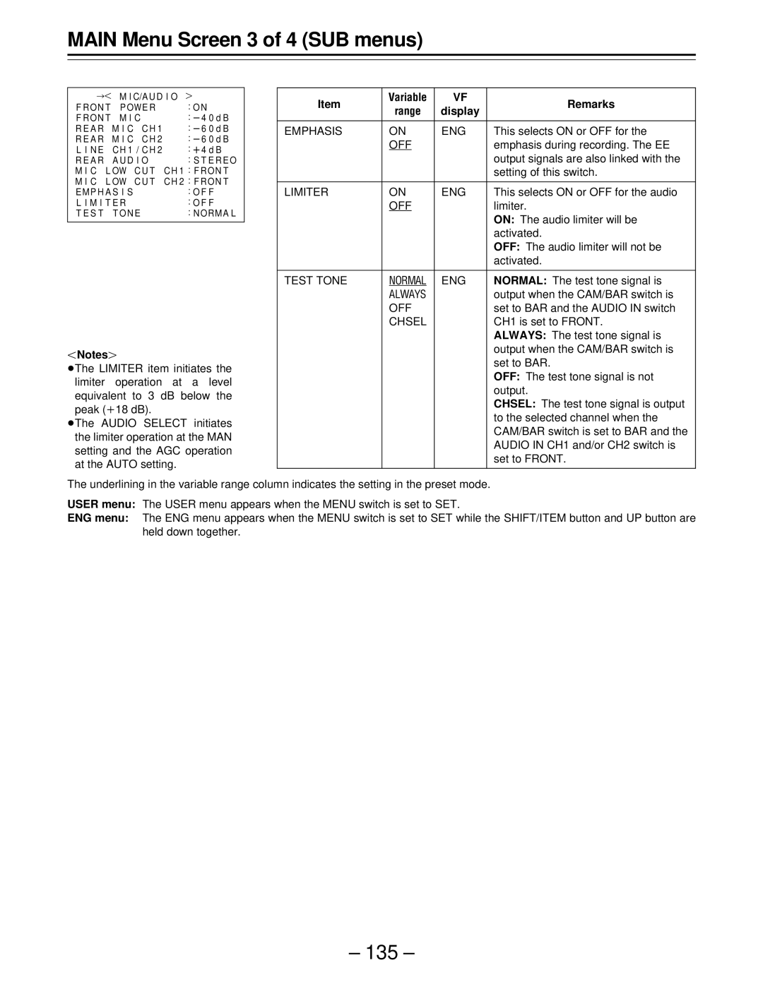 Panasonic AJ-SDC915 operating instructions Emphasis ENG, Limiter ENG, Test Tone, Chsel 