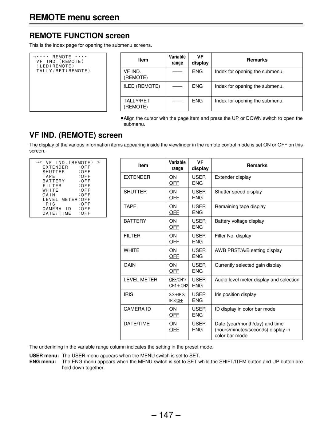 Panasonic AJ-SDC915 operating instructions Remote menu screen, Remote Function screen, VF IND. Remote screen 