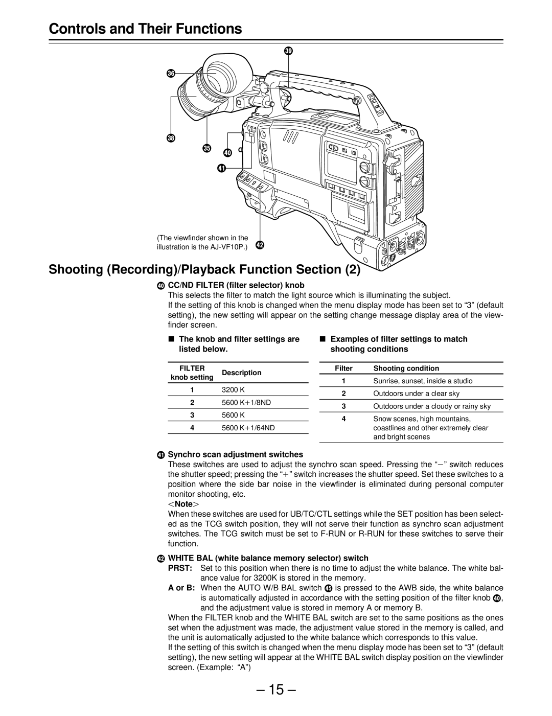 Panasonic AJ-SDC915 operating instructions ¬ CC/ND Filter filter selector knob, Knob and filter settings are listed below 