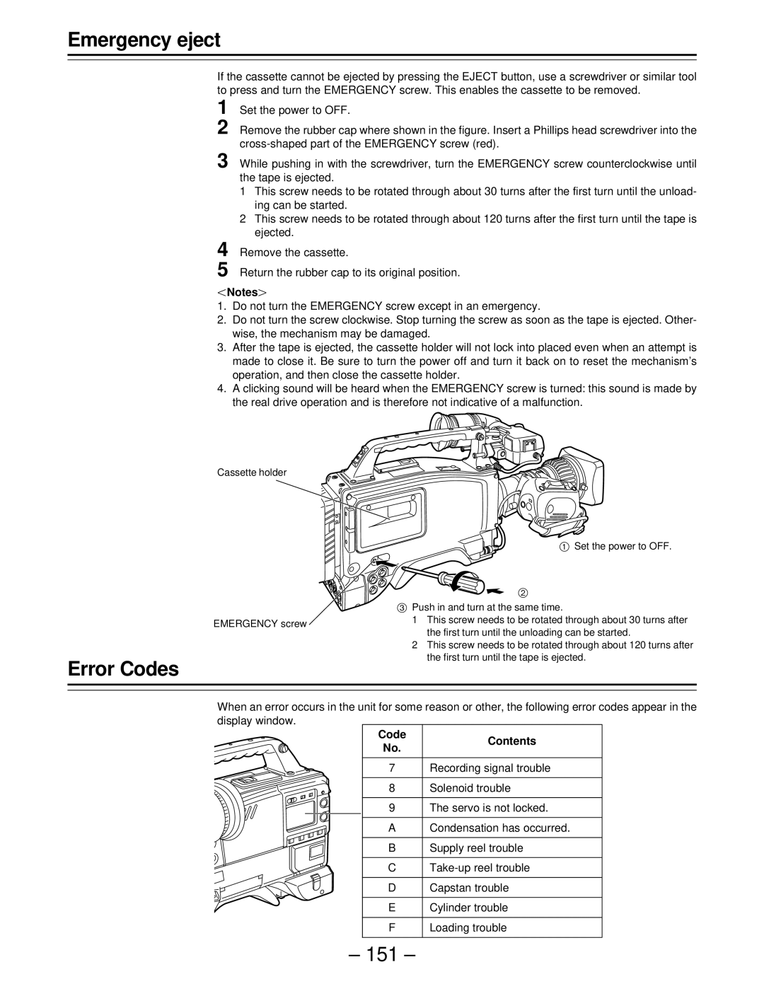 Panasonic AJ-SDC915 operating instructions Emergency eject, Error Codes, Code Contents 