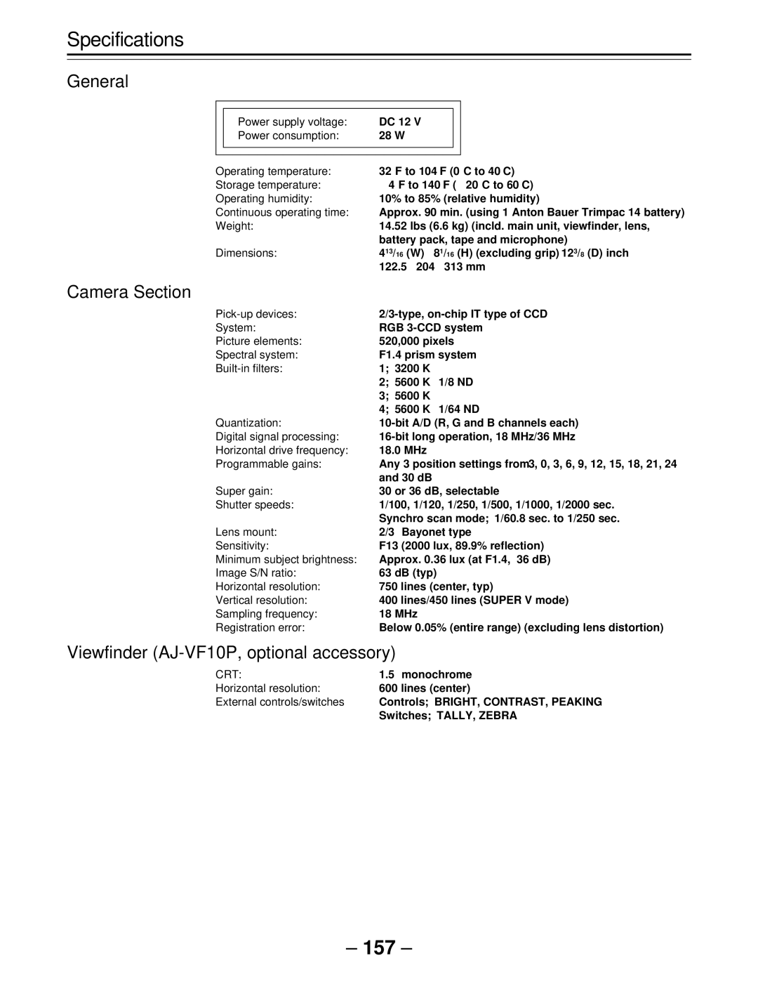 Panasonic AJ-SDC915 operating instructions Specifications, General, Camera Section, Viewfinder AJ-VF10P, optional accessory 