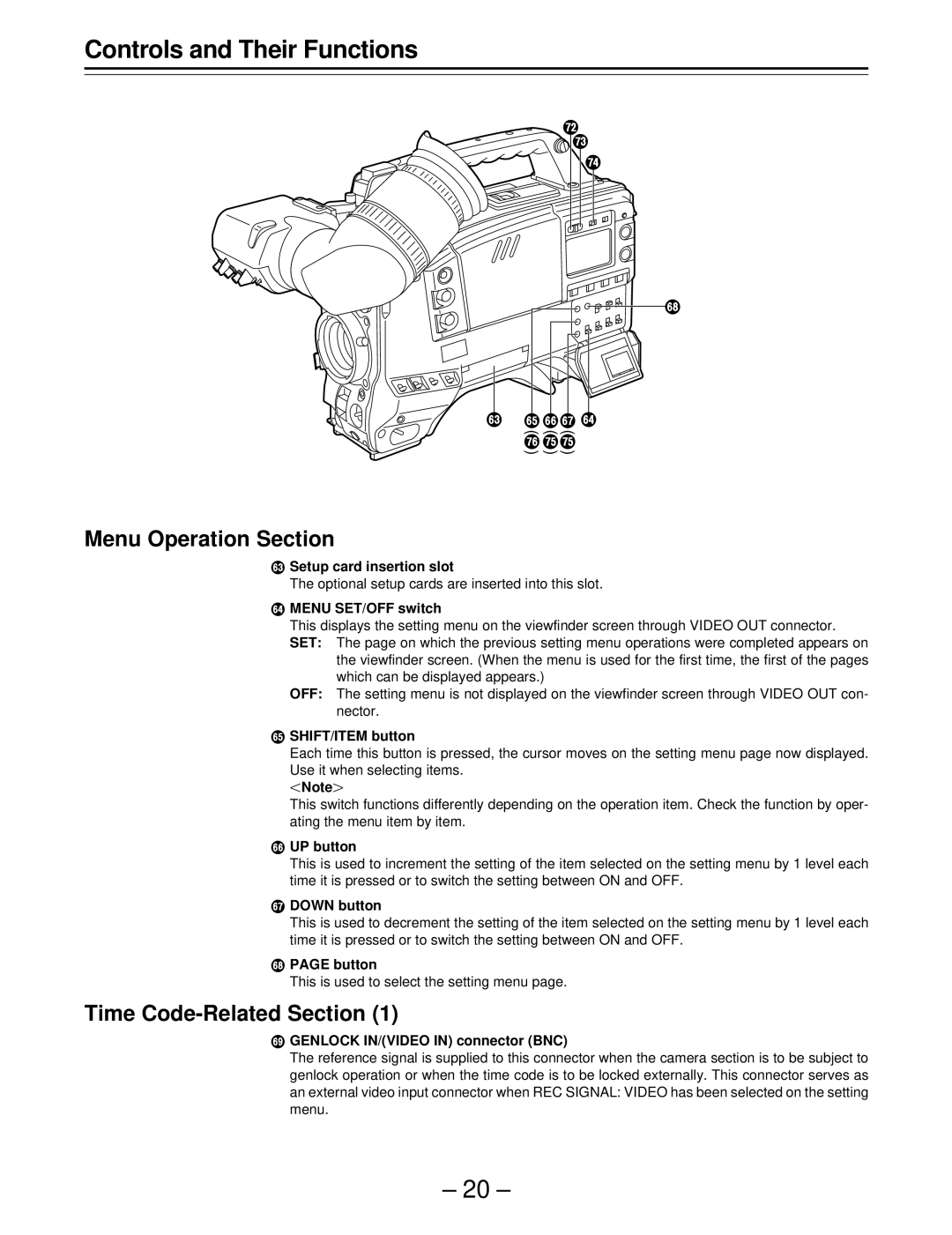 Panasonic AJ-SDC915 operating instructions Menu Operation Section, Time Code-Related Section 