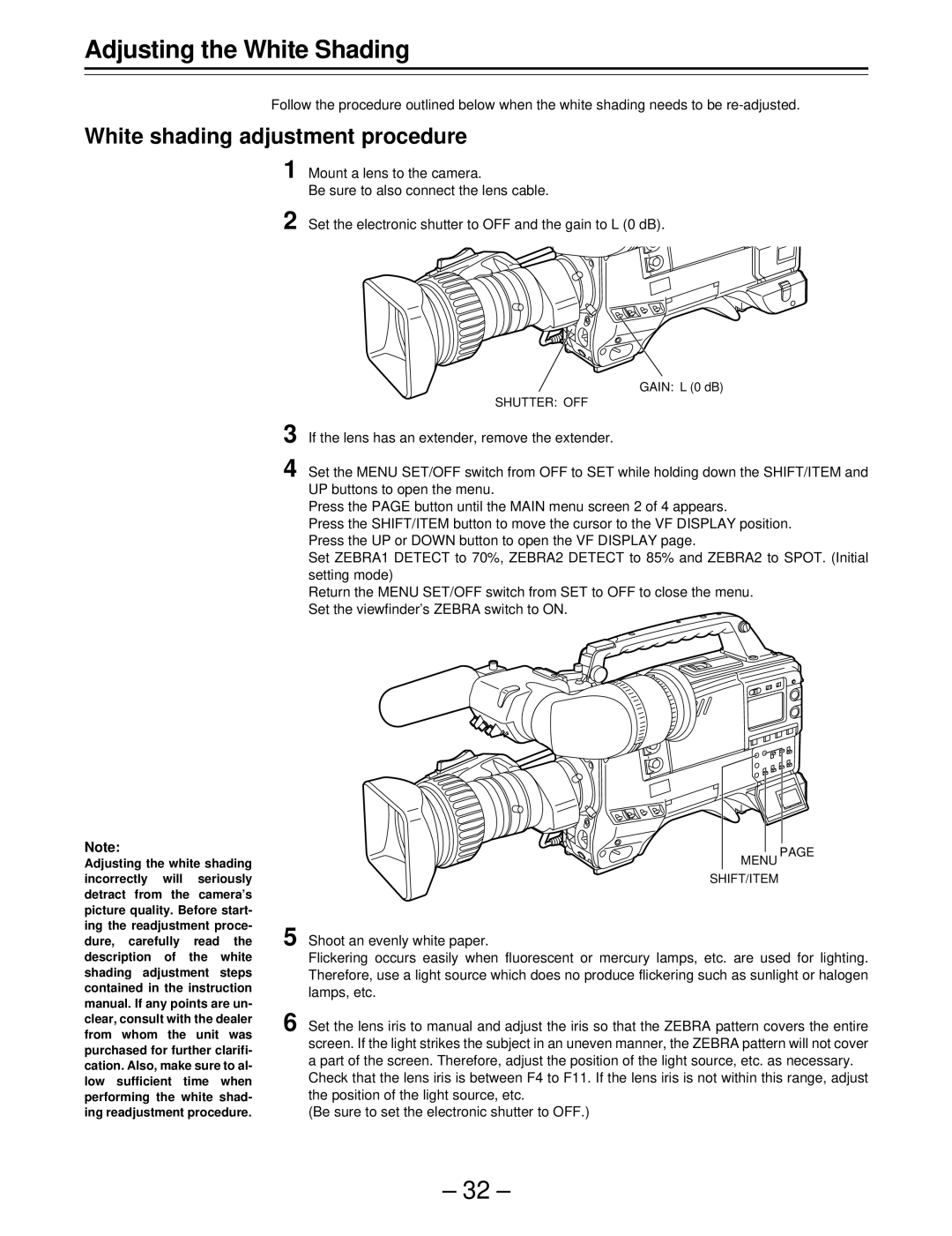 Panasonic AJ-SDC915 operating instructions Adjusting the White Shading, White shading adjustment procedure 