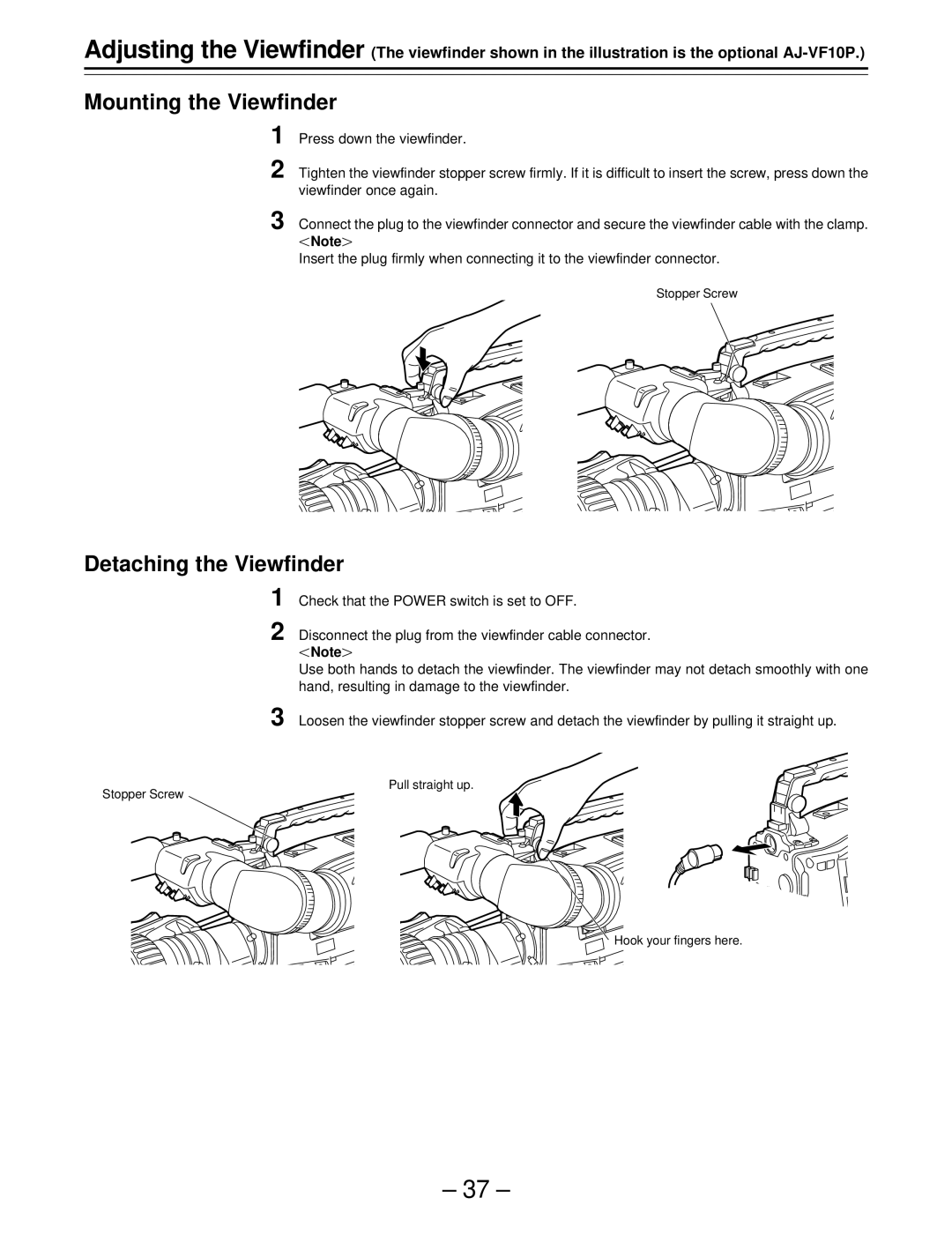 Panasonic AJ-SDC915 operating instructions Mounting the Viewfinder, Detaching the Viewfinder 