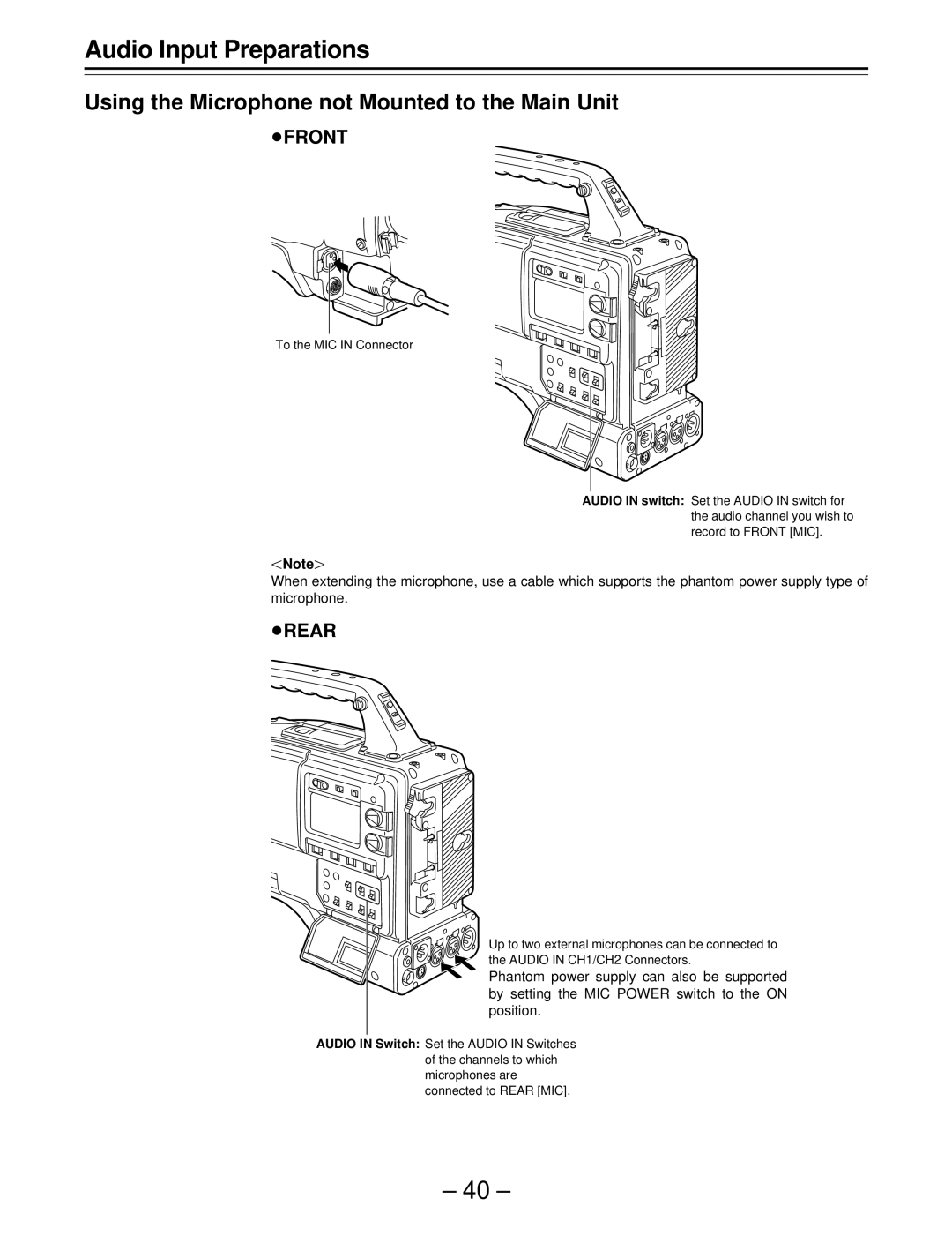 Panasonic AJ-SDC915 operating instructions Audio Input Preparations, Using the Microphone not Mounted to the Main Unit 