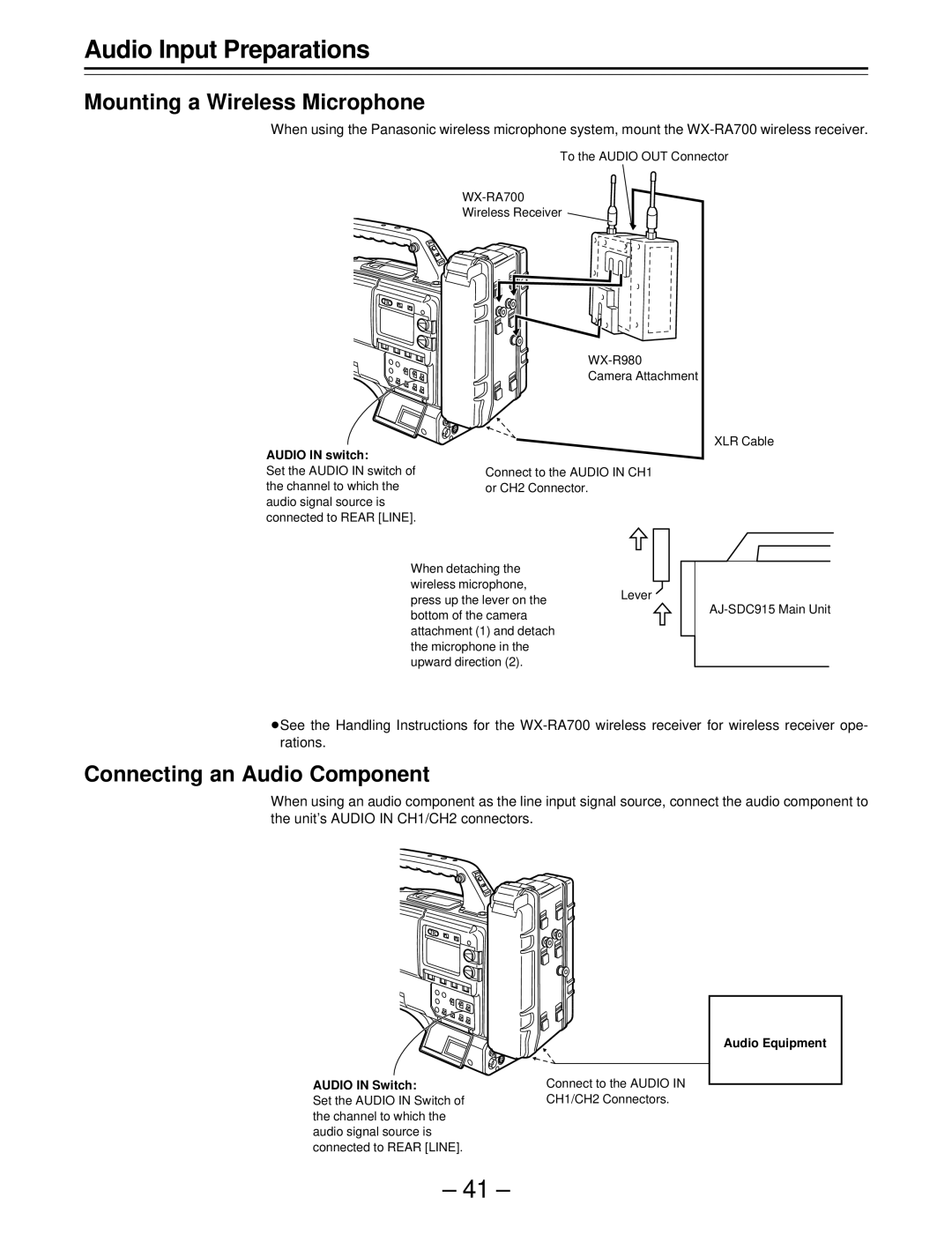 Panasonic AJ-SDC915 operating instructions Mounting a Wireless Microphone, Connecting an Audio Component 