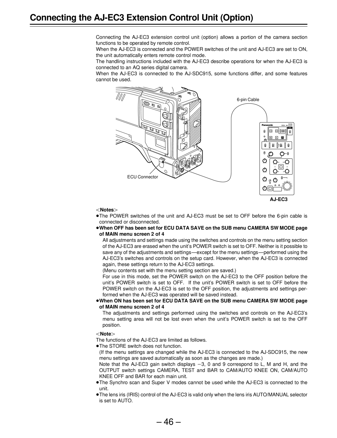 Panasonic AJ-SDC915 operating instructions Connecting the AJ-EC3 Extension Control Unit Option 