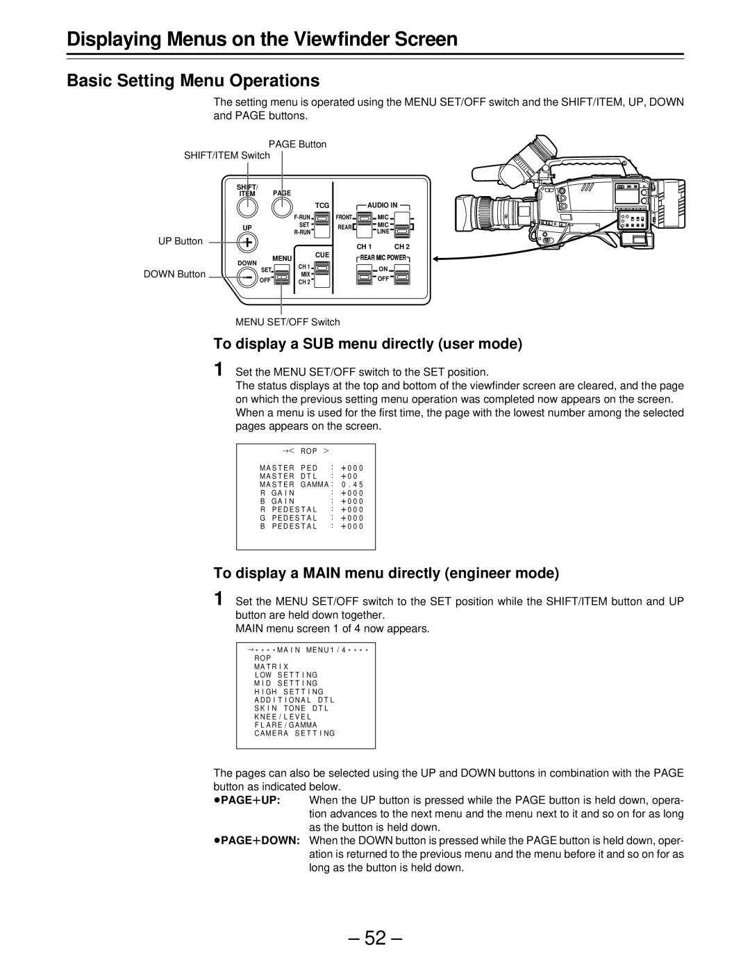 Panasonic AJ-SDC915 operating instructions Basic Setting Menu Operations, To display a SUB menu directly user mode 