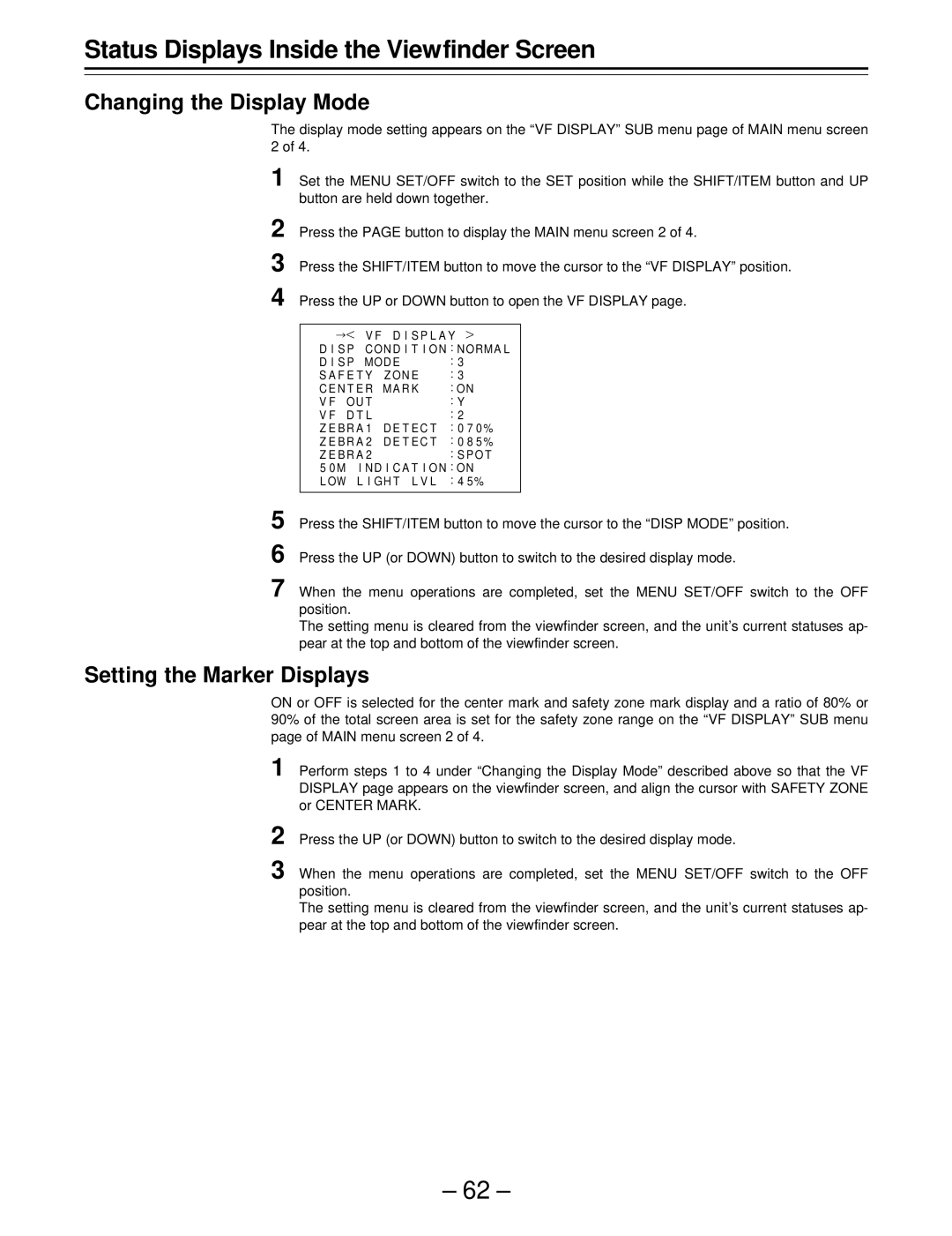 Panasonic AJ-SDC915 operating instructions Changing the Display Mode, Setting the Marker Displays 