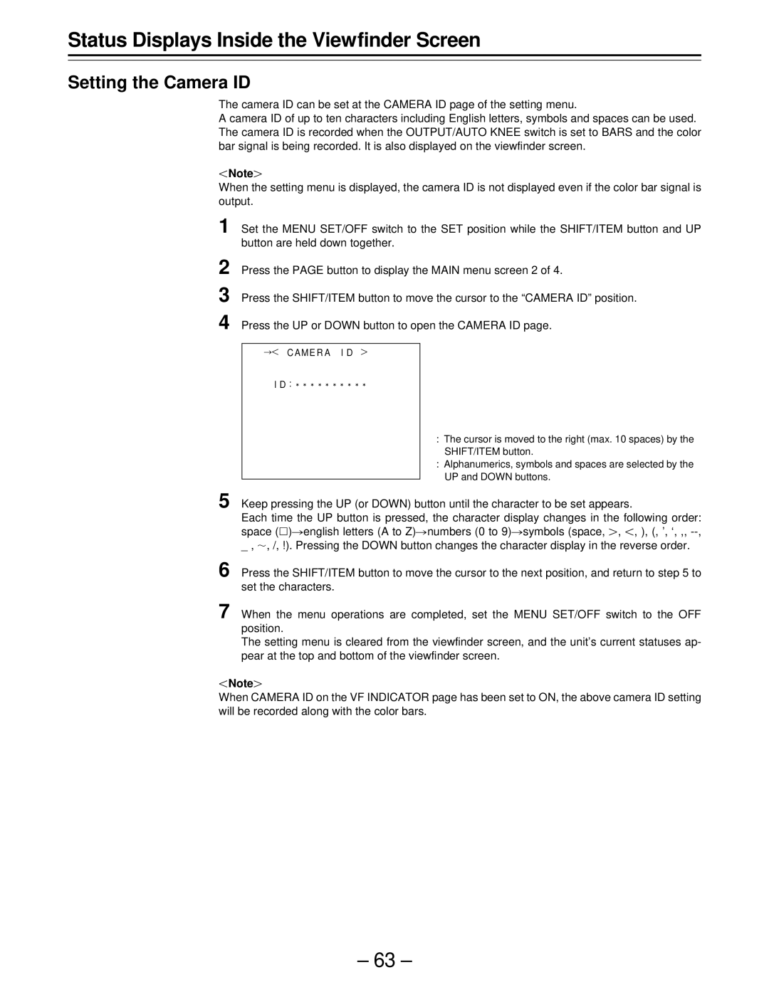 Panasonic AJ-SDC915 operating instructions Setting the Camera ID 