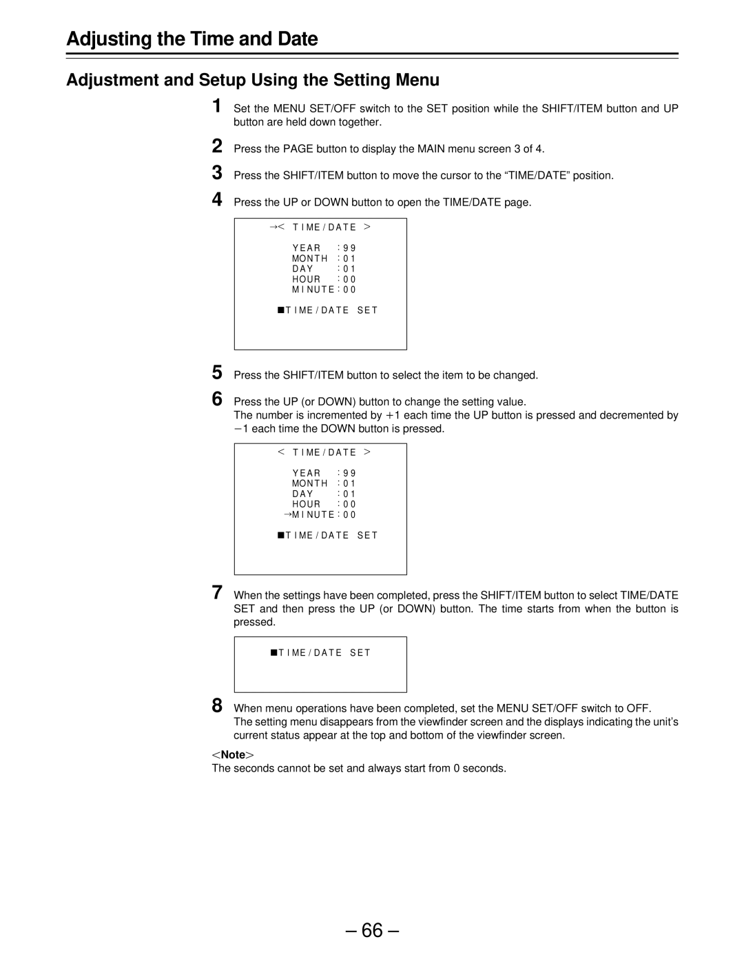 Panasonic AJ-SDC915 operating instructions Adjusting the Time and Date, Adjustment and Setup Using the Setting Menu 