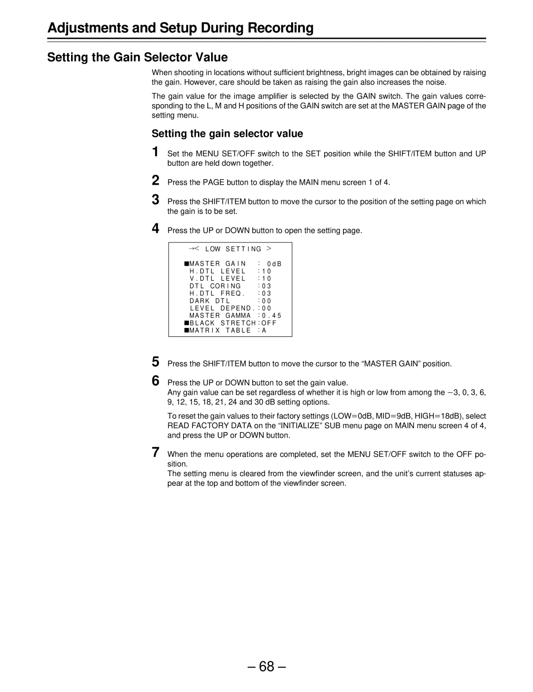 Panasonic AJ-SDC915 operating instructions Setting the Gain Selector Value, Setting the gain selector value 