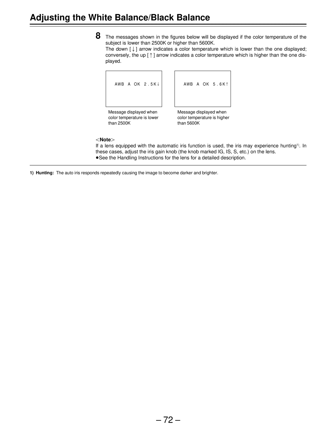 Panasonic AJ-SDC915 operating instructions Message displayed when Color temperature is lower 