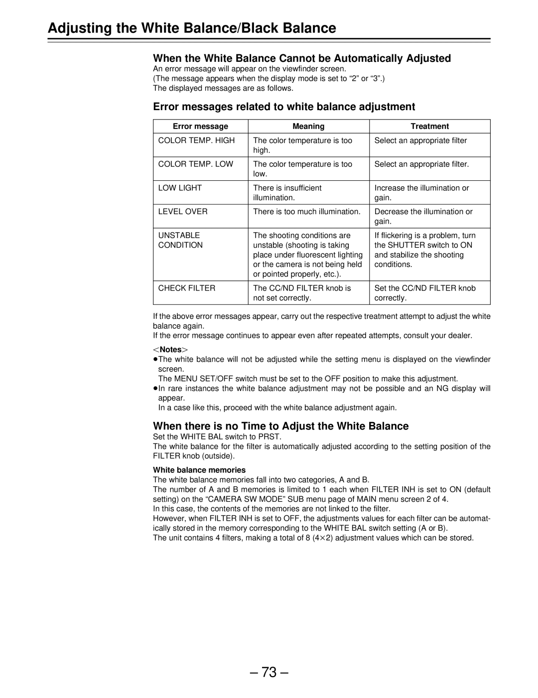 Panasonic AJ-SDC915 When the White Balance Cannot be Automatically Adjusted, Error message Meaning Treatment 