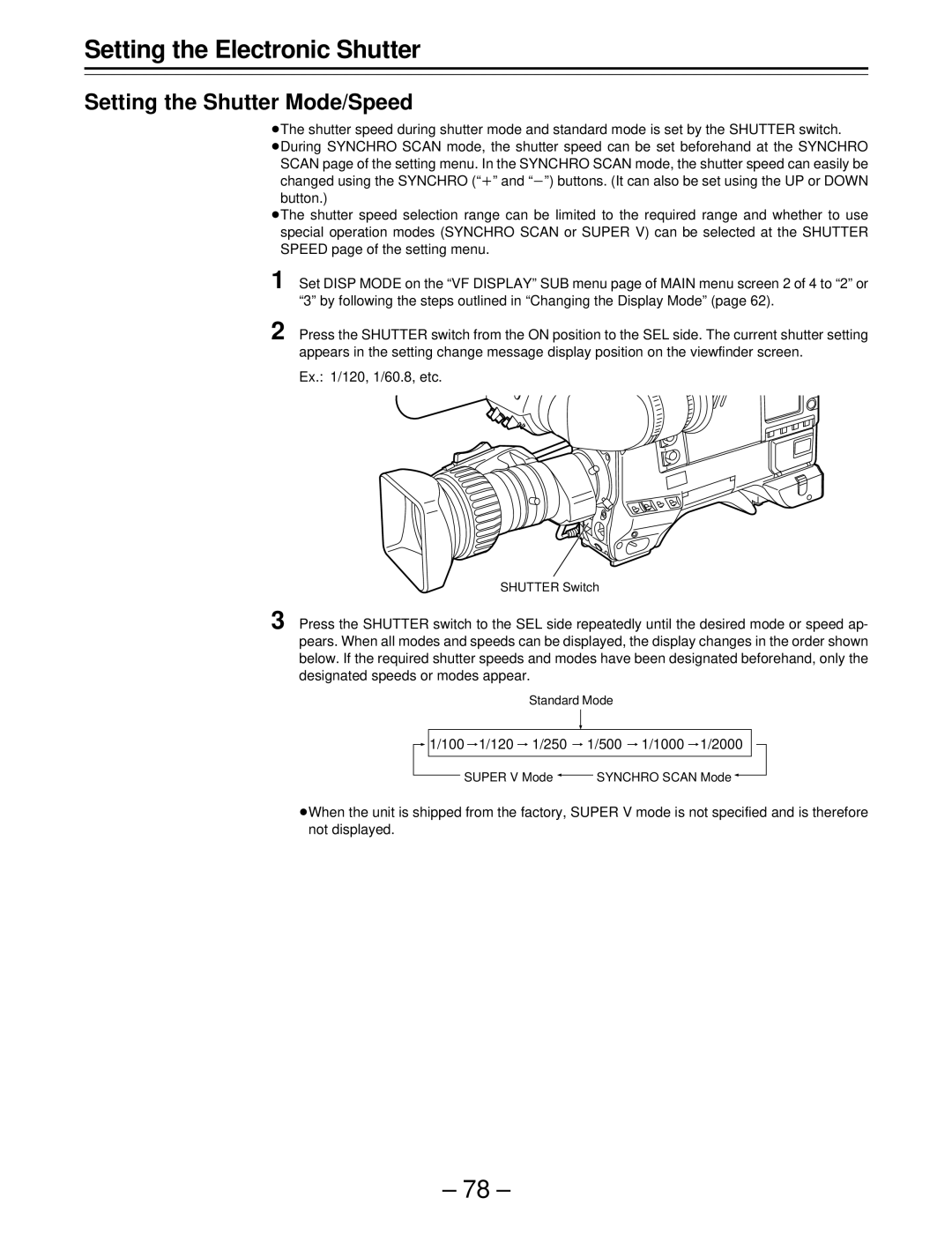 Panasonic AJ-SDC915 operating instructions Setting the Shutter Mode/Speed, 120 250 500 1000 2000 