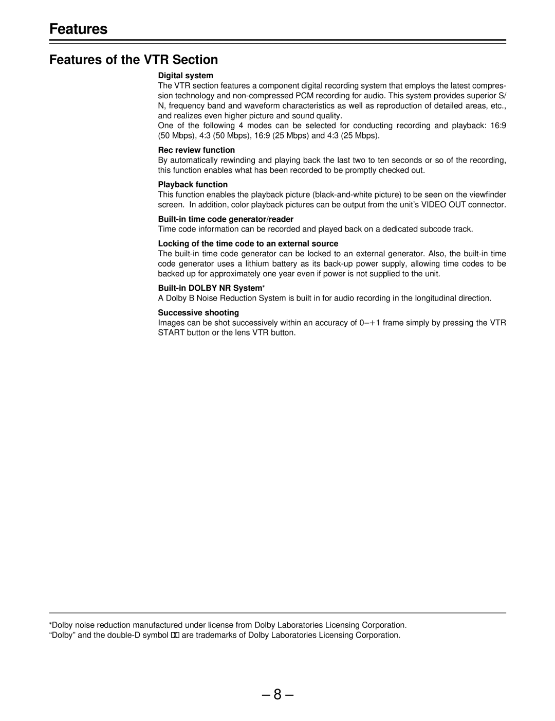 Panasonic AJ-SDC915 operating instructions Features of the VTR Section 