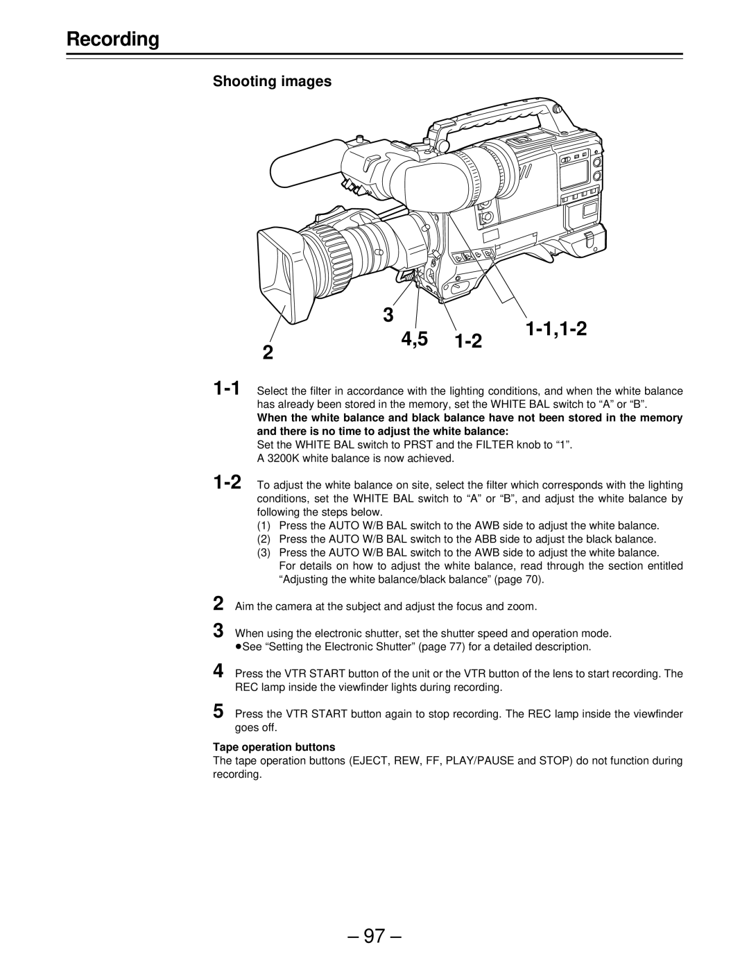 Panasonic AJ-SDC915 operating instructions 1-2, Shooting images, Tape operation buttons 