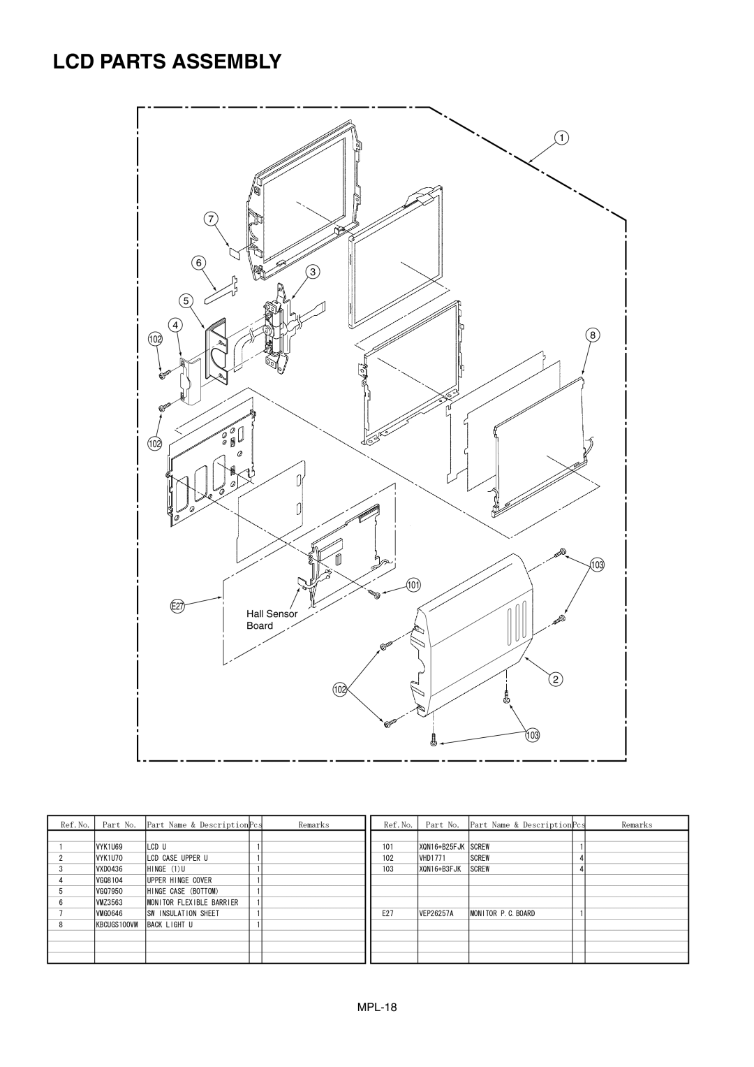 Panasonic AJ-SPC700E, AJ-SPC700MC manual LCD Parts Assembly, 102 101 E27 Hall Sensor Board 103 