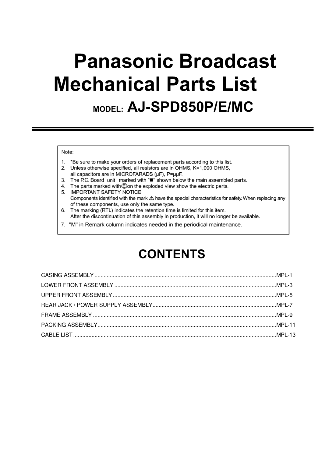 Panasonic AJ-SPD850MC, AJ-SPD850E manual Panasonic Broadcast Mechanical Parts List 