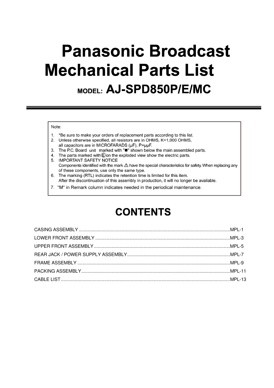 Panasonic AJ-SPD850MC manual MPL-3, MPL-5, MPL-7, MPL-9, MPL-11, MPL-13, Panasonic Broadcast Mechanical Parts List 