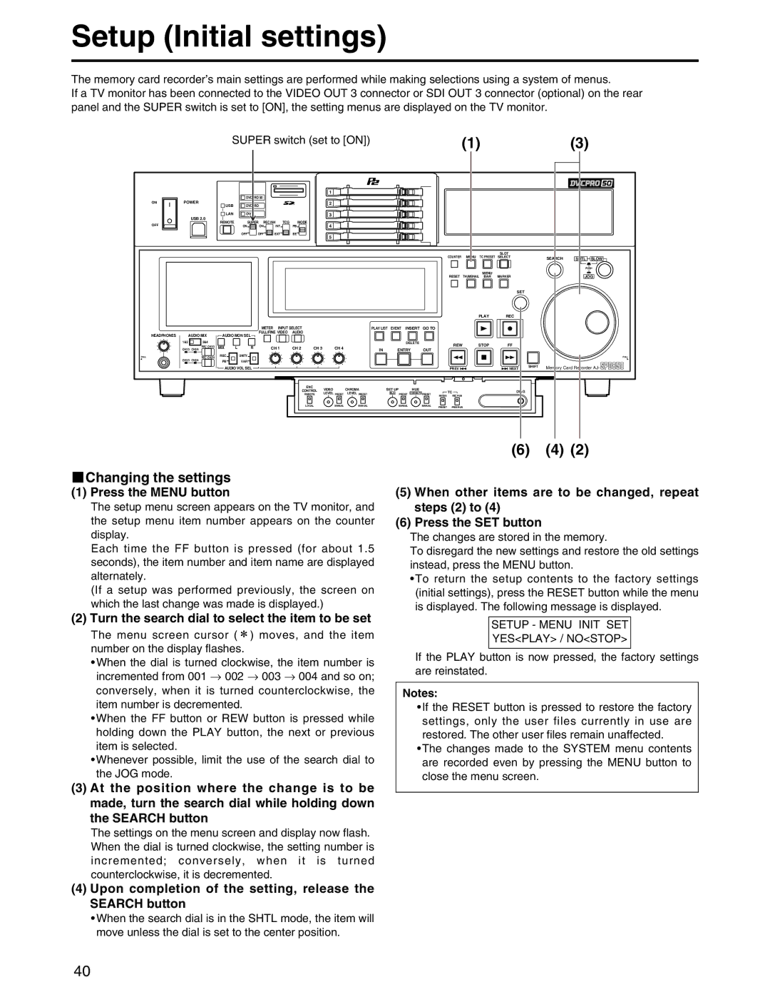 Panasonic AJ-SPD850P manual Changing the settings, Press the Menu button, Turn the search dial to select the item to be set 