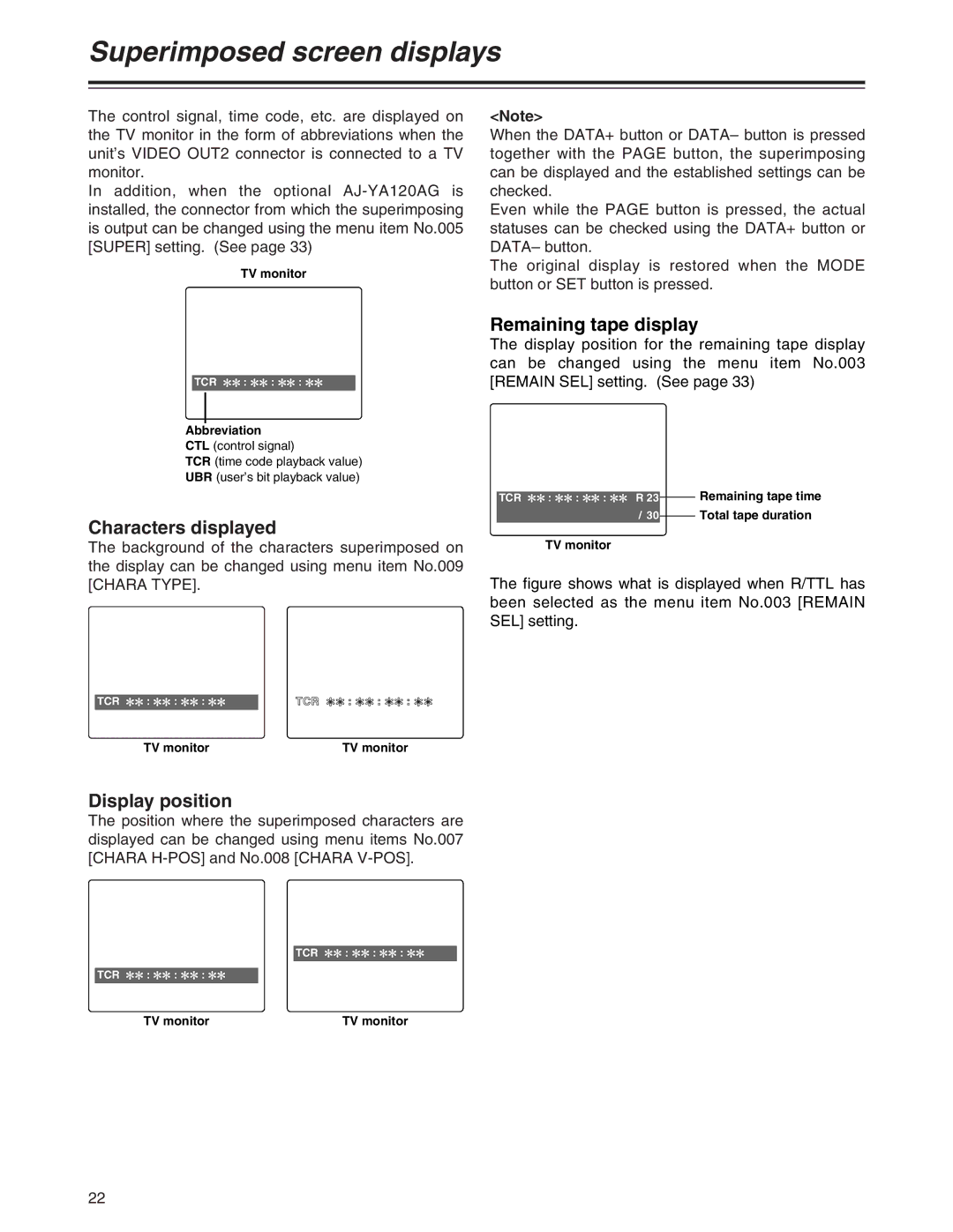 Panasonic AJ-YA120AG manual Superimposed screen displays, Characters displayed, Remaining tape display, Display position 